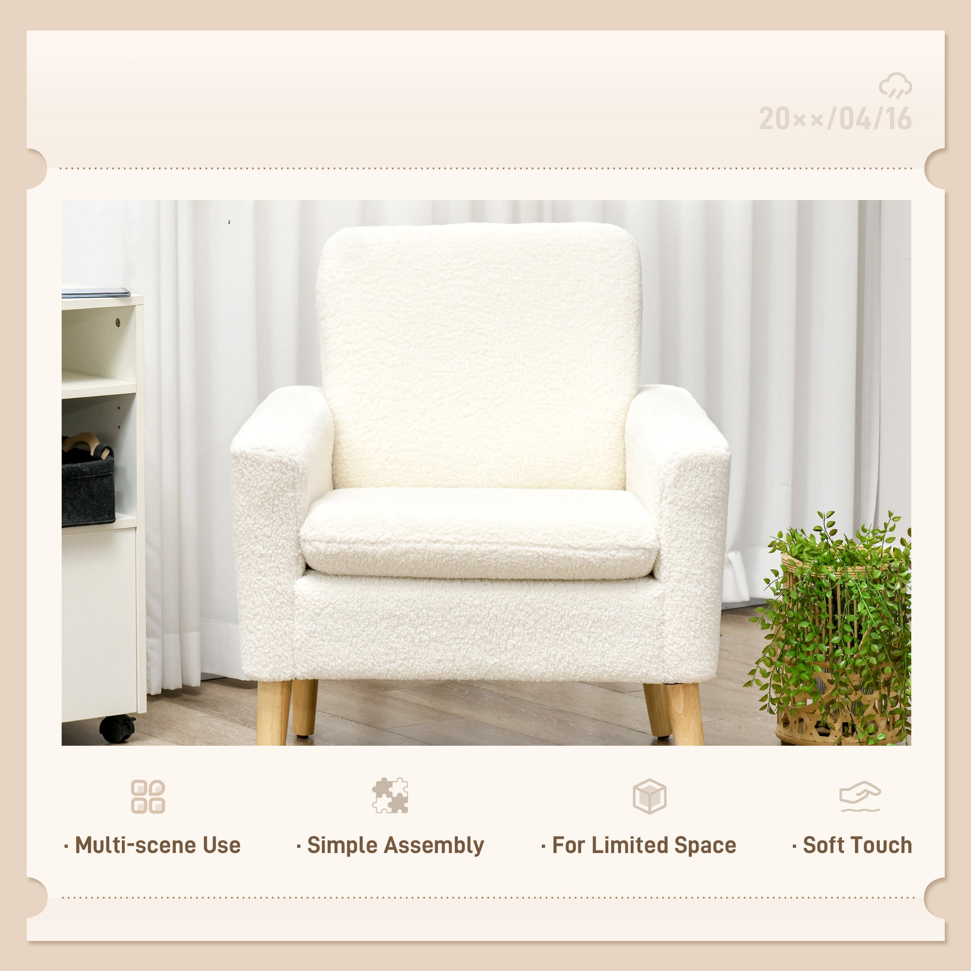 HOMCOM Armchair, Upholstered Accent Chair with Wood Legs and Wide Padded Seat, Teddy Occasional Chair, Cream White
