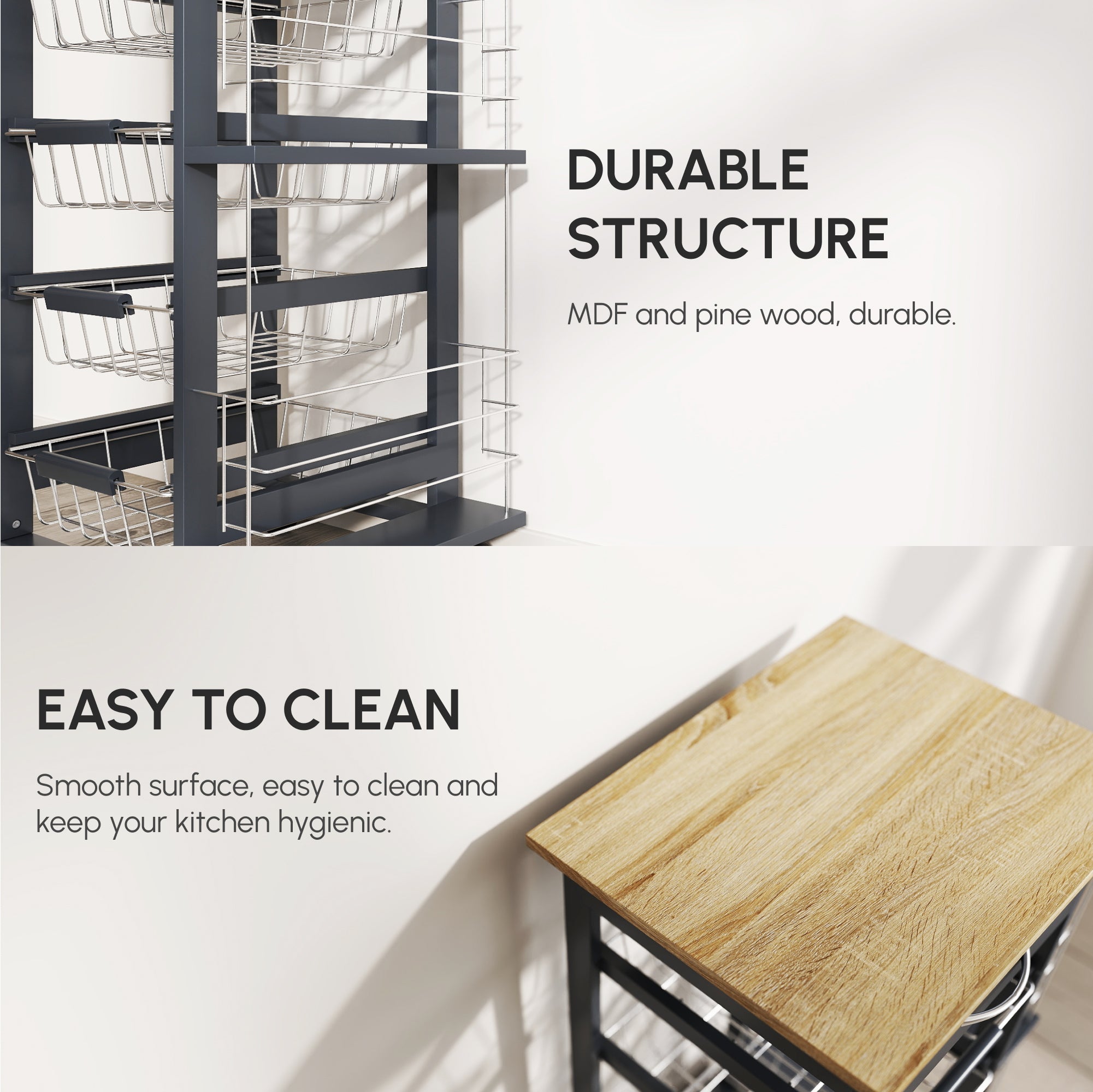 HOMCOM Rolling Kitchen Cart, Utility Storage Cart with 4 Basket Drawers & Side Racks, Wheels for Dining Room, Grey