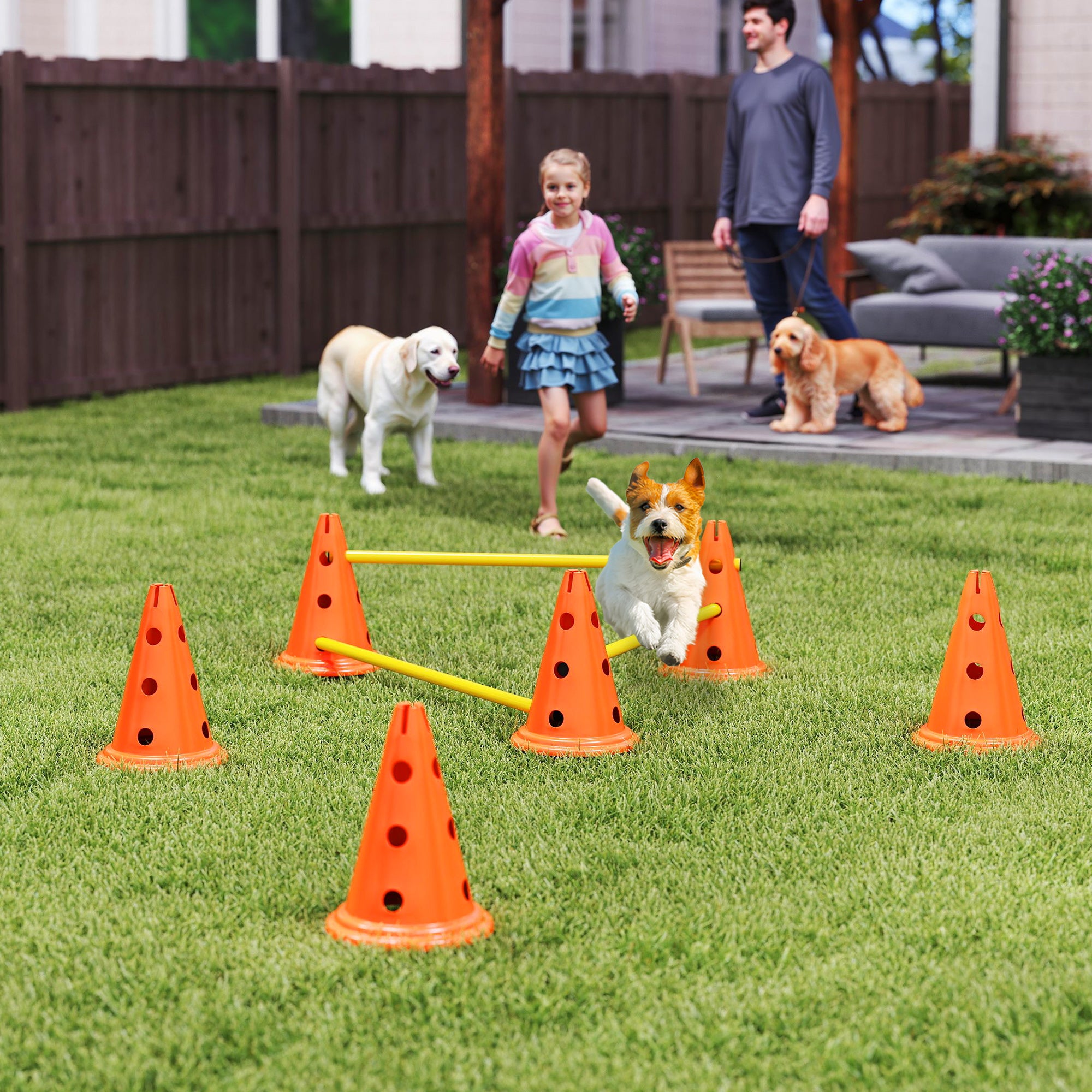 PawHut Dog Agility Equipment Set of Six Cones, Six Poles with Carry Bag, Three-Piece Adjustable Height Jumping Obstacles Orange