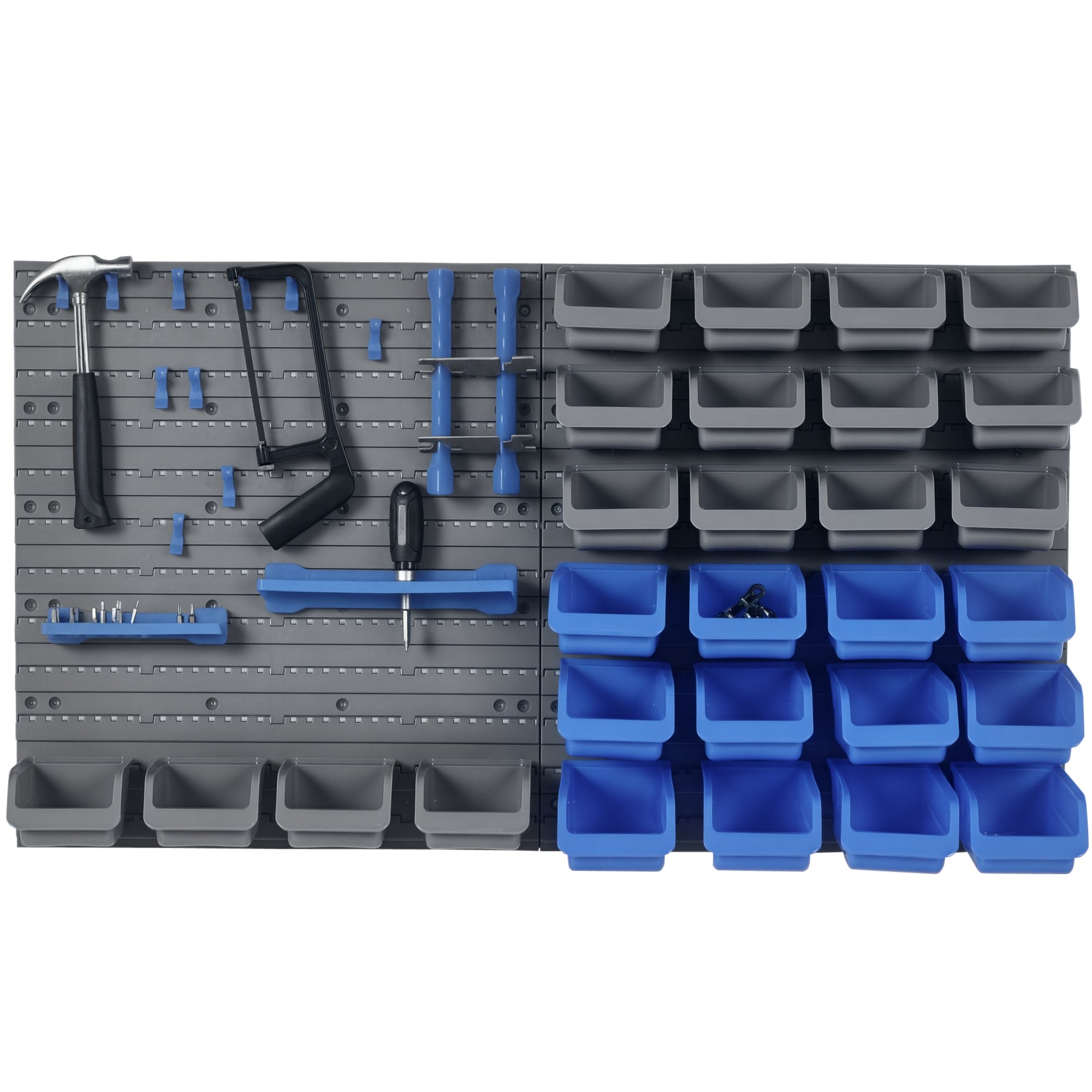 DURHAND 44 Piece Wall Mounted Tool Rack Organiser Storage Bins and Panel Set with Shelf Hook Screws Accessories Blue