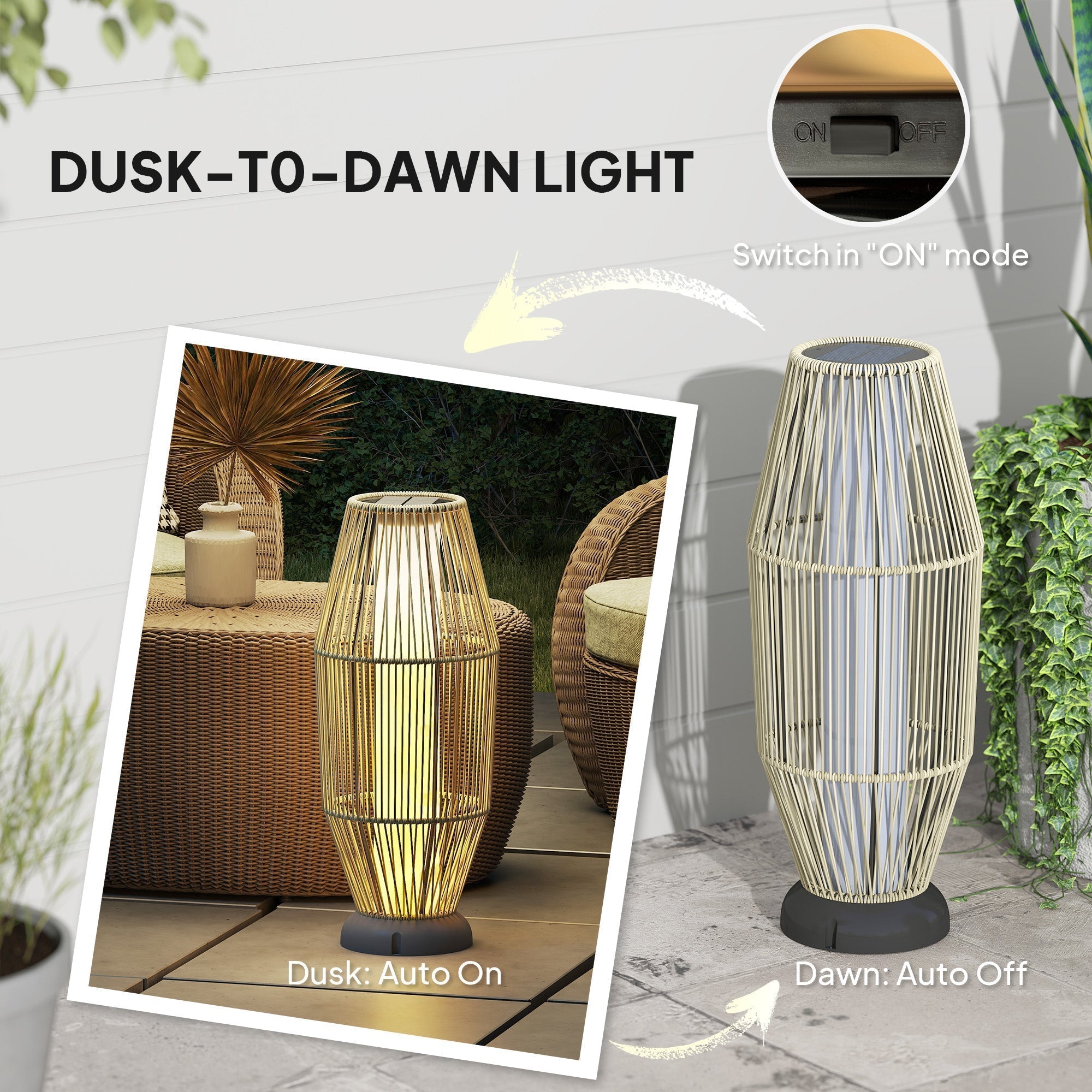 Outsunny Garden Rattan Lamp, 72 cm Tall Solar Rattan Floor Lamp, Solar Garden Light with Auto On/Off LED, IP44 for Outdoor, Porch, Pathway, Terrace, Grey