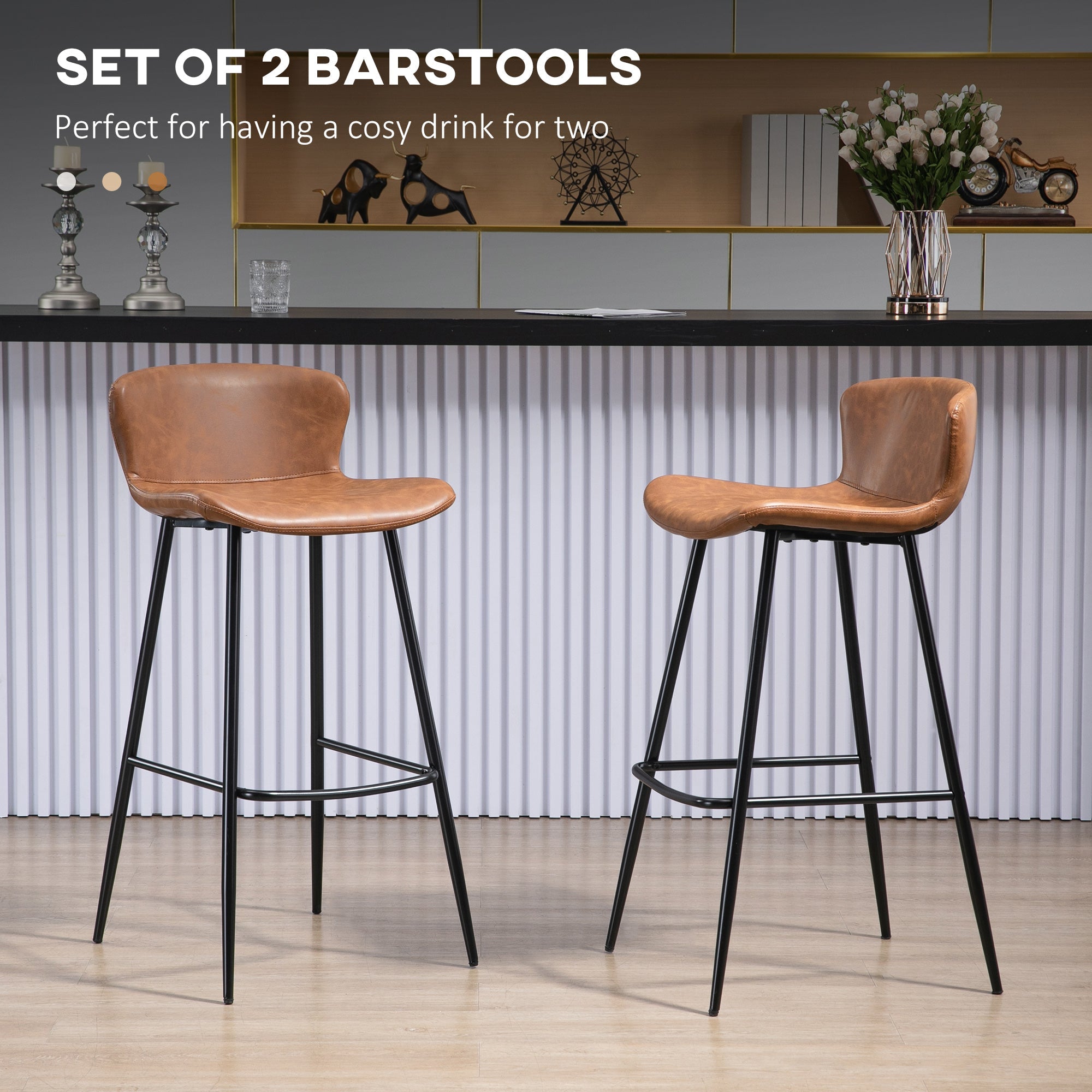 HOMCOM Bar Stools Set of 2, PU Leather Upholstered Bar Chairs, Breakfast Kitchen Counter Chairs with Backs, Steel Legs and Footrests for Dining Room, Brown