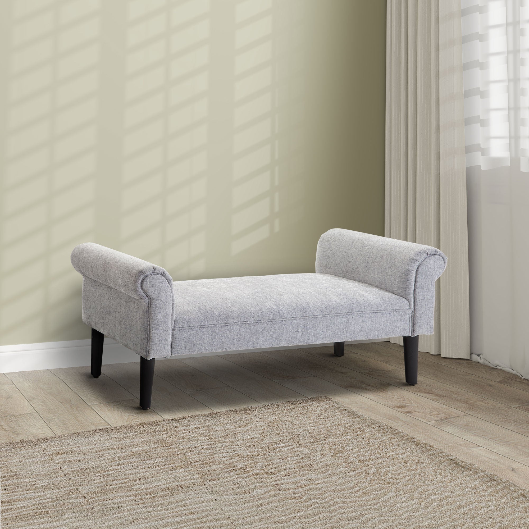 HOMCOM Bed End Bench, Window Seat, Linen Chaise Lounge Sofa with Arm and Wooden Legs for Bedroom, Living Room, Grey