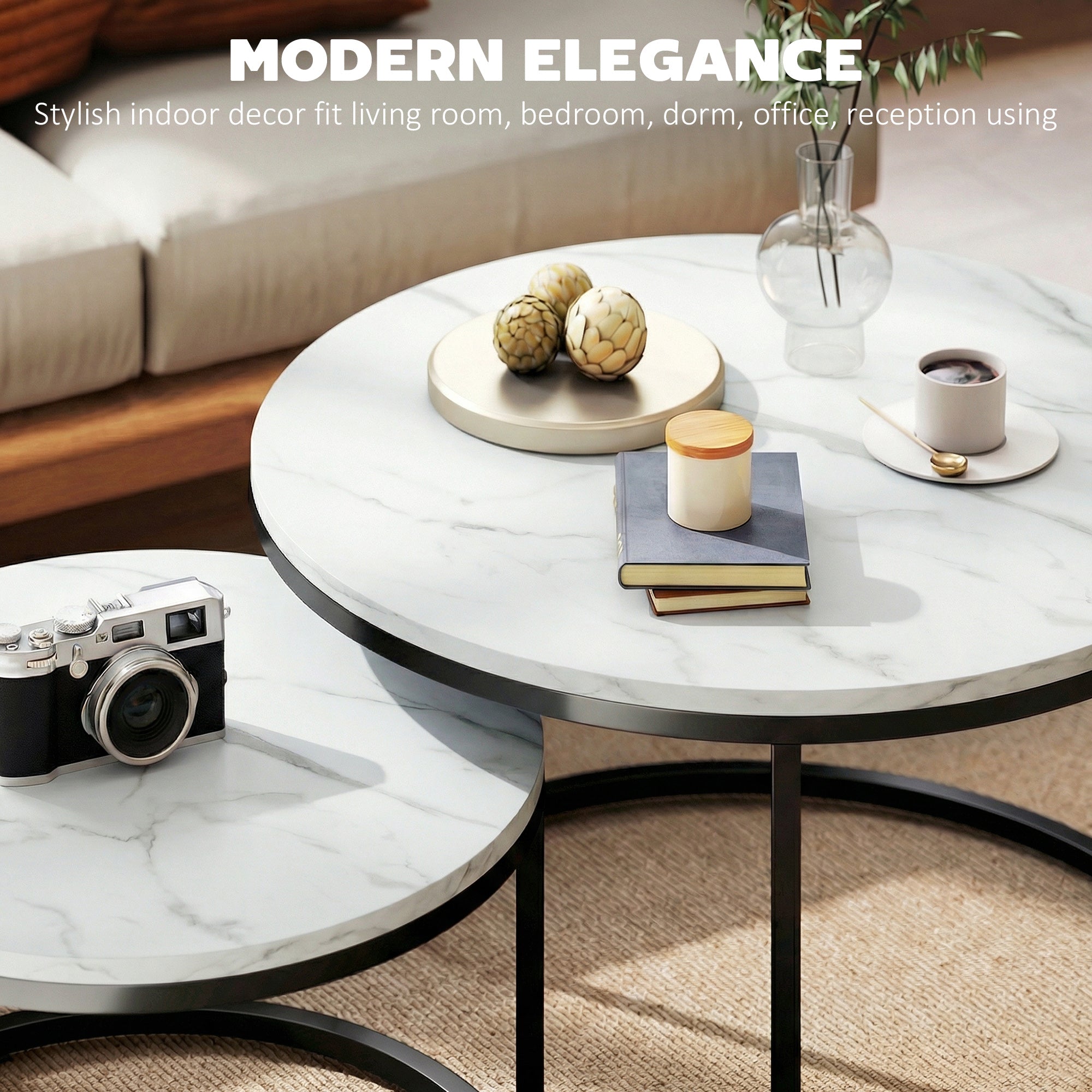 HOMCOM Set of Two Marble-Effect Stacking Tables - White