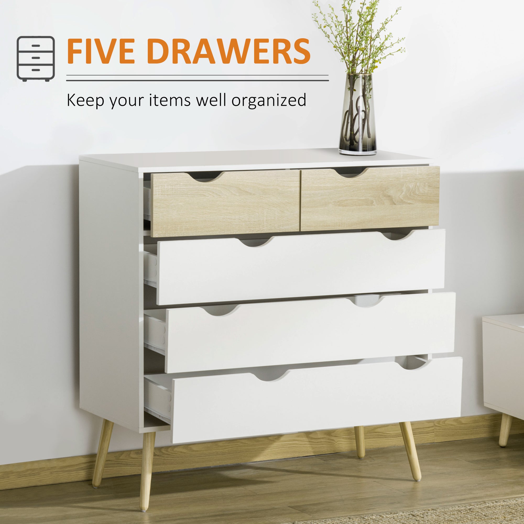 HOMCOM Nordic Style Chest of Drawers, 5 Drawer Dresser with 4 Tapered Legs and Groove Handles, Storage Organiser Side Cabinet for Bedroom, Living Room
