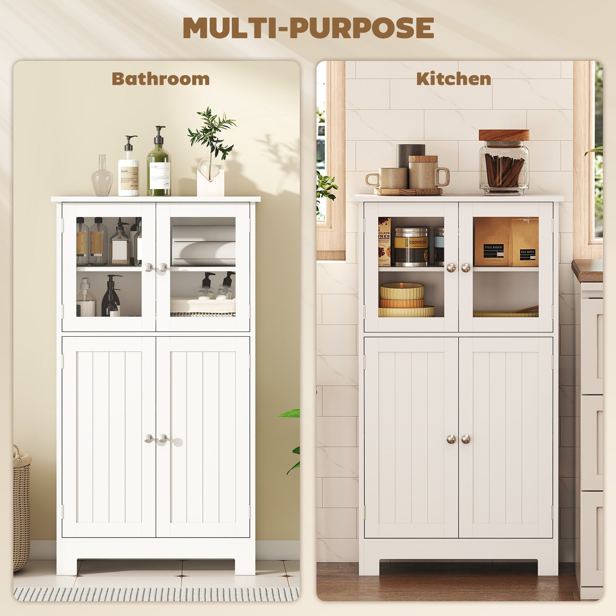 kleankin Bathroom Floor Cabinet, Freestanding Kitchen Cupboard with 2 Drawers, Adjustable Shelves and Tempered Glass Door, Wooden Storage Unit for Living Room Kitchen Hallway