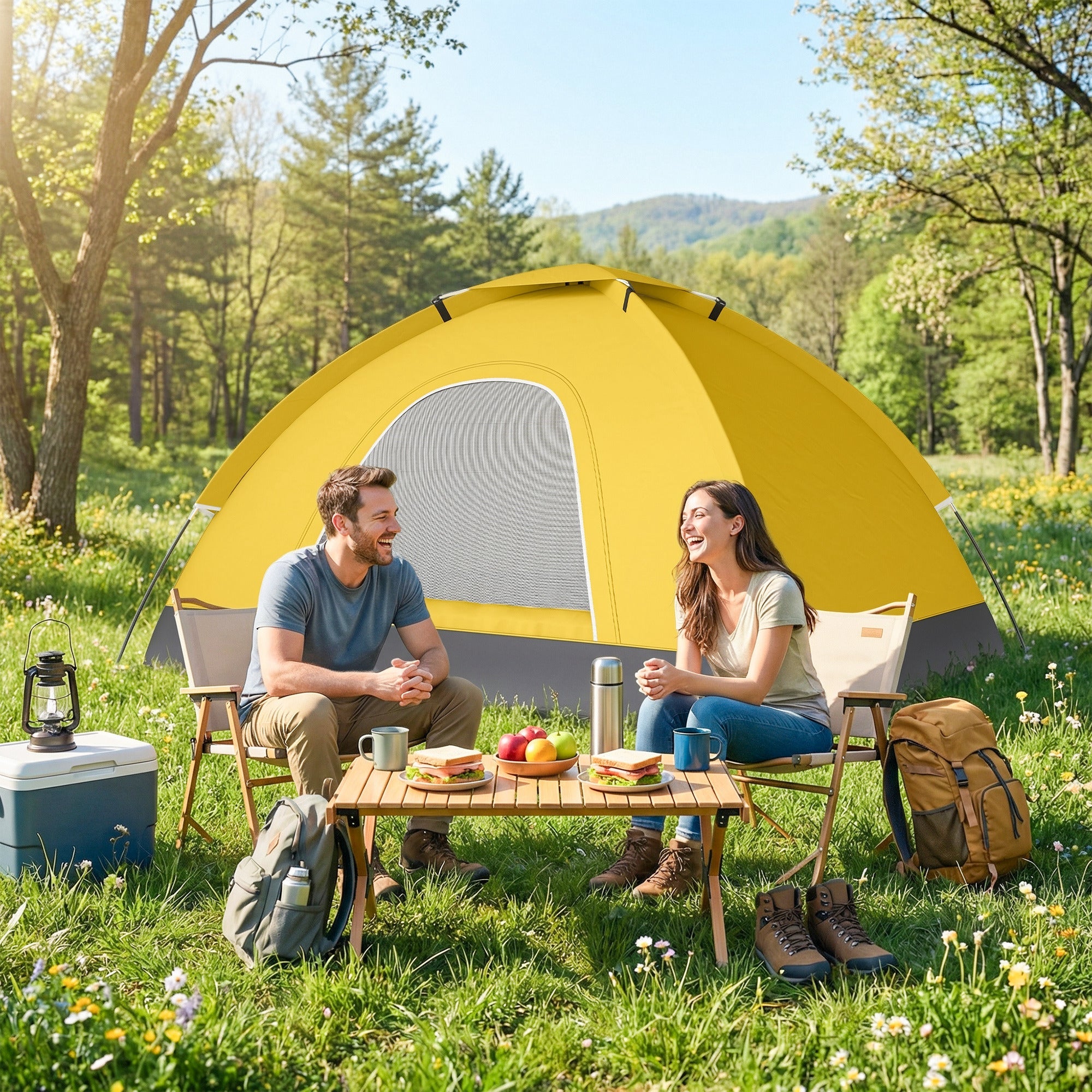 Outsunny 2 Person Camping Tent, Dome Tent with Zipped Doors, Storage Pocket, Portable Handy Bag, Yellow