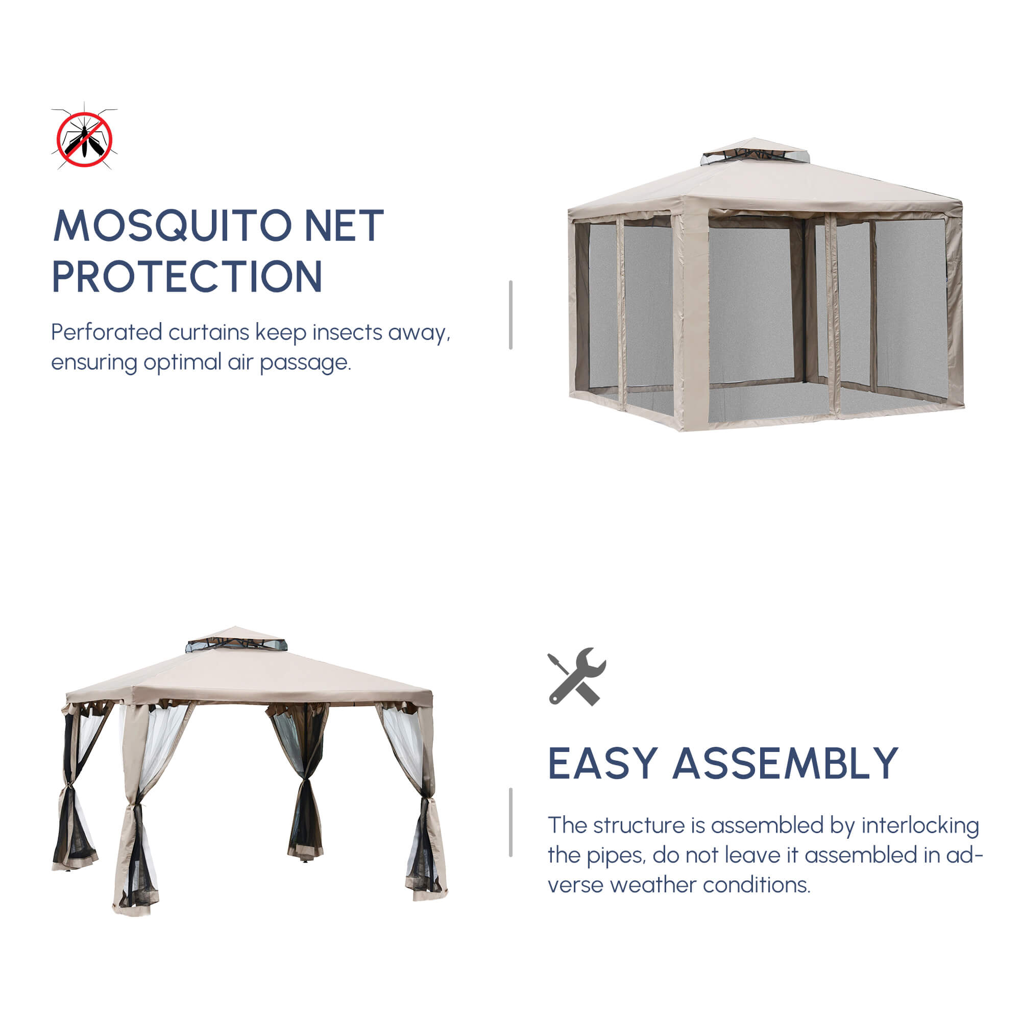 Outsunny Outdoor Gazebo, 2-tier Roof W/Netting, 295L x 295W x 263Hcm-Taupe