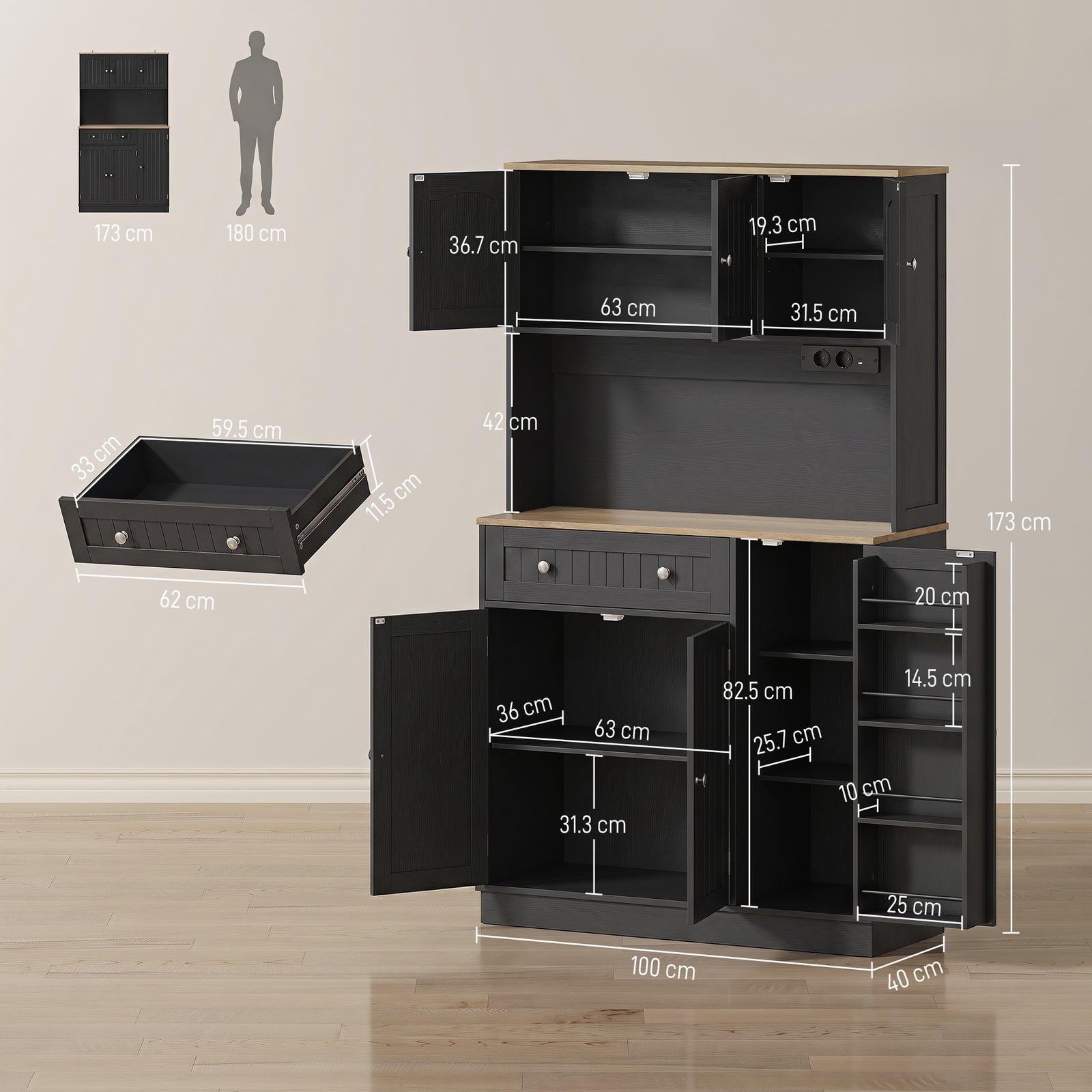 HOMCOM 173 cm Tall Kitchen Cupboard with Charging Station, Pantry Storage Cabinet with Adjustable Shelves and 4 Door Racks