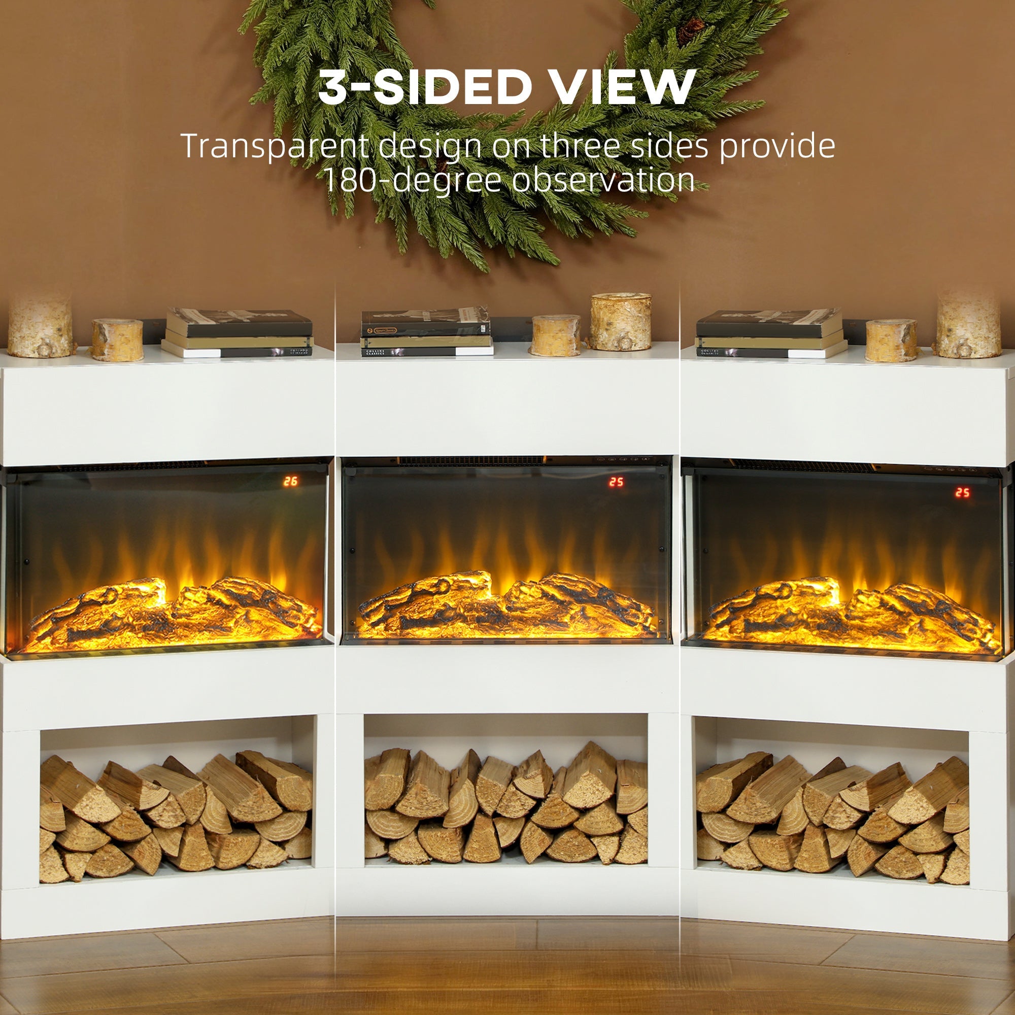 HOMCOM 19" Electric Fireplace with Surround, 3D Flame Effect, 6 Colours & 3 Brightness Levels, 1000W/2000W White Electric Fire and Mantel Reach up to 30㎡ Space with Remote & Timer, 3 Sided View