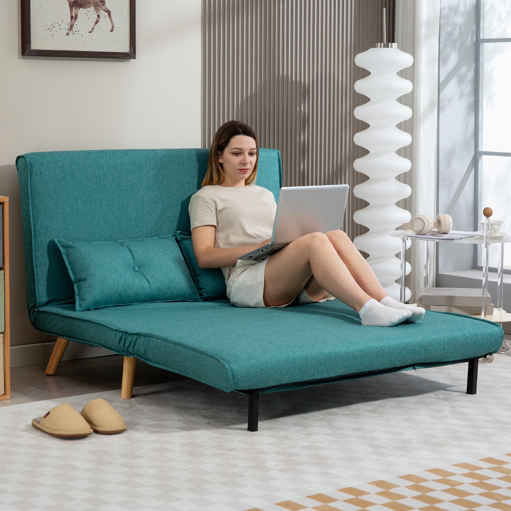 HOMCOM Two-Seater Linen-Look Sofa Bed - Green