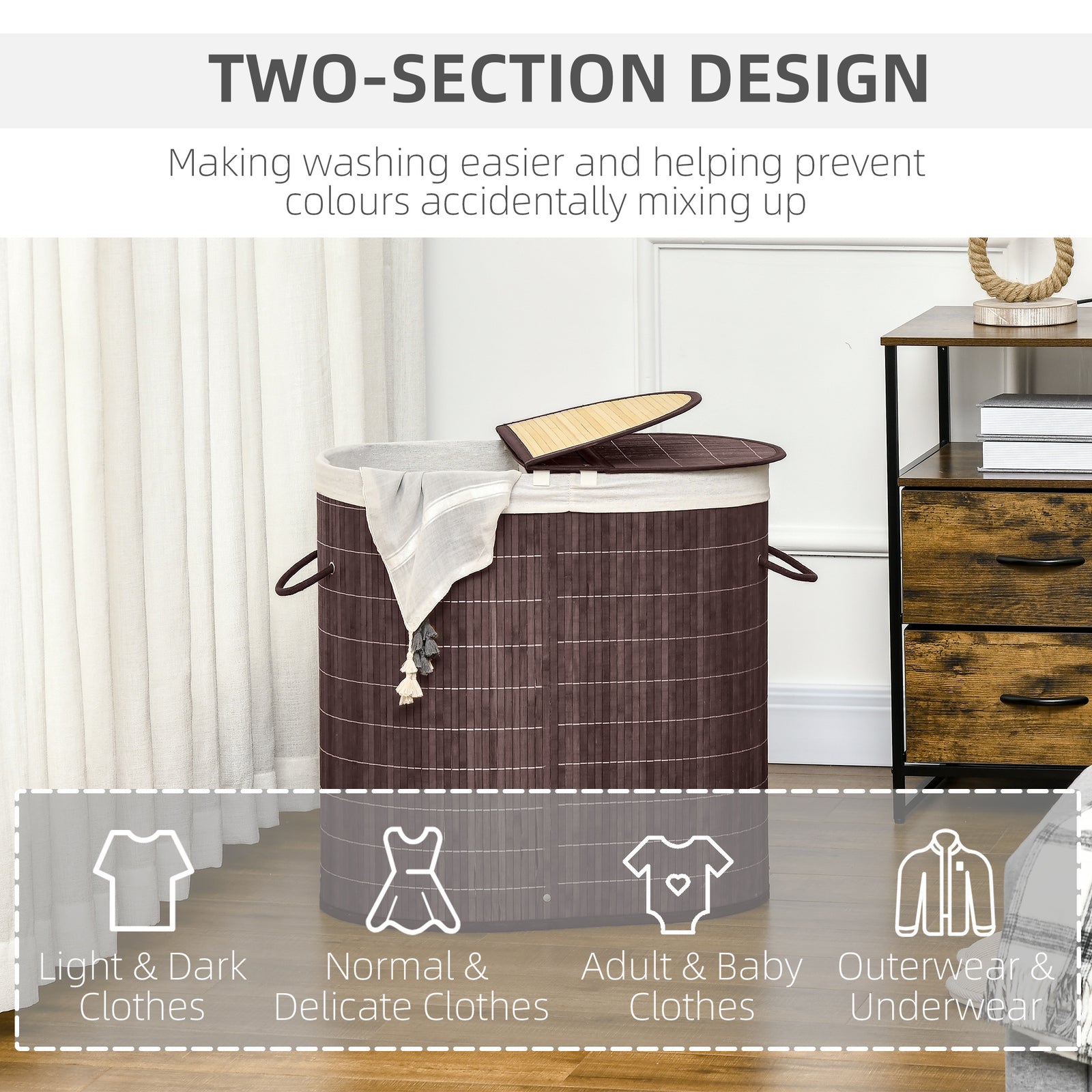 HOMCOM 100L Bamboo Laundry Basket with Lid, Washing Basket with 2 Compartments, Handles, Removable Liner, Brown