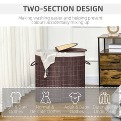 HOMCOM 100L Bamboo Laundry Basket with Lid, Washing Basket with 2 Compartments, Handles, Removable Liner, Brown