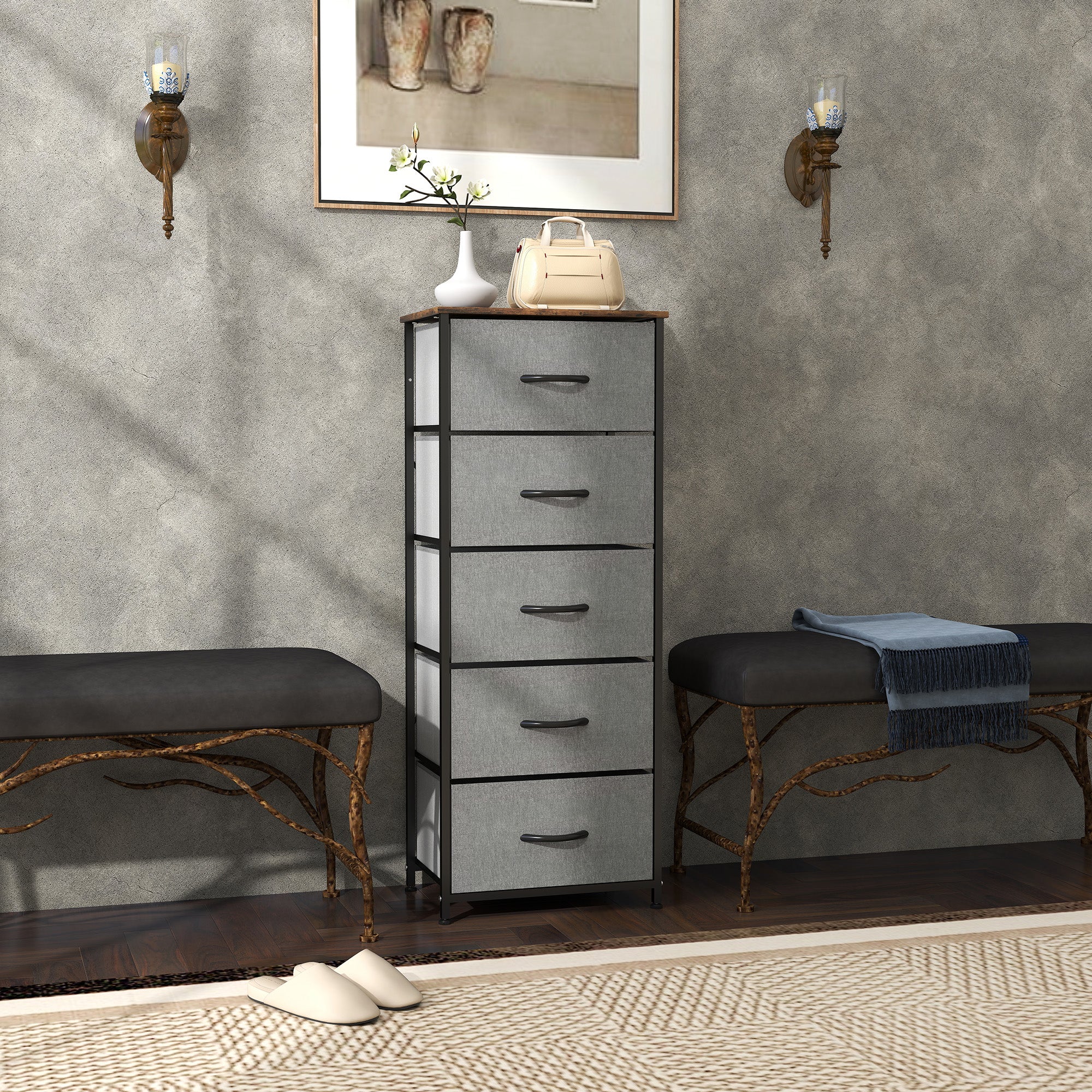 HOMCOM Fabric Chest of Drawers, Industrial Bedroom Dresser with 5 Fabric Drawers, Steel Frame and Wooden Top for Nursery, Living Room, Hallway, Rustic Brown and Grey