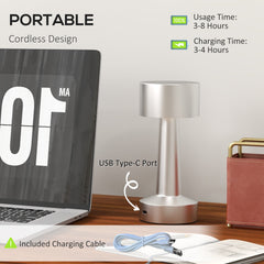 HOMCOM Cordless Table Lamp, Touch LED Desk Lamp with Rechargeable Battery, 3 Colour, for Bedroom Living Room, Silver