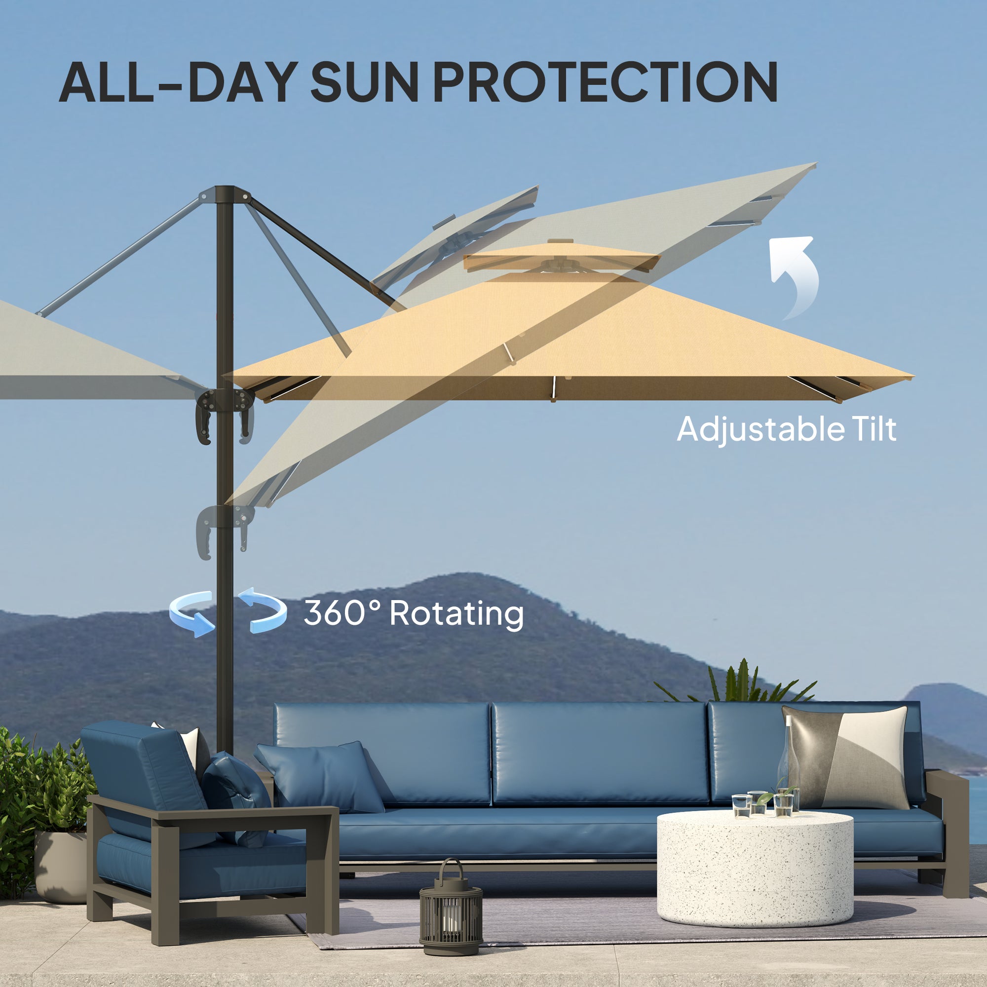 Outsunny 2.5m Cantilever Parasol with Solar Powered LED Lights, 360√Ç¬∞ Rotation, Tilt Adjustment, Crank Handle, Khaki