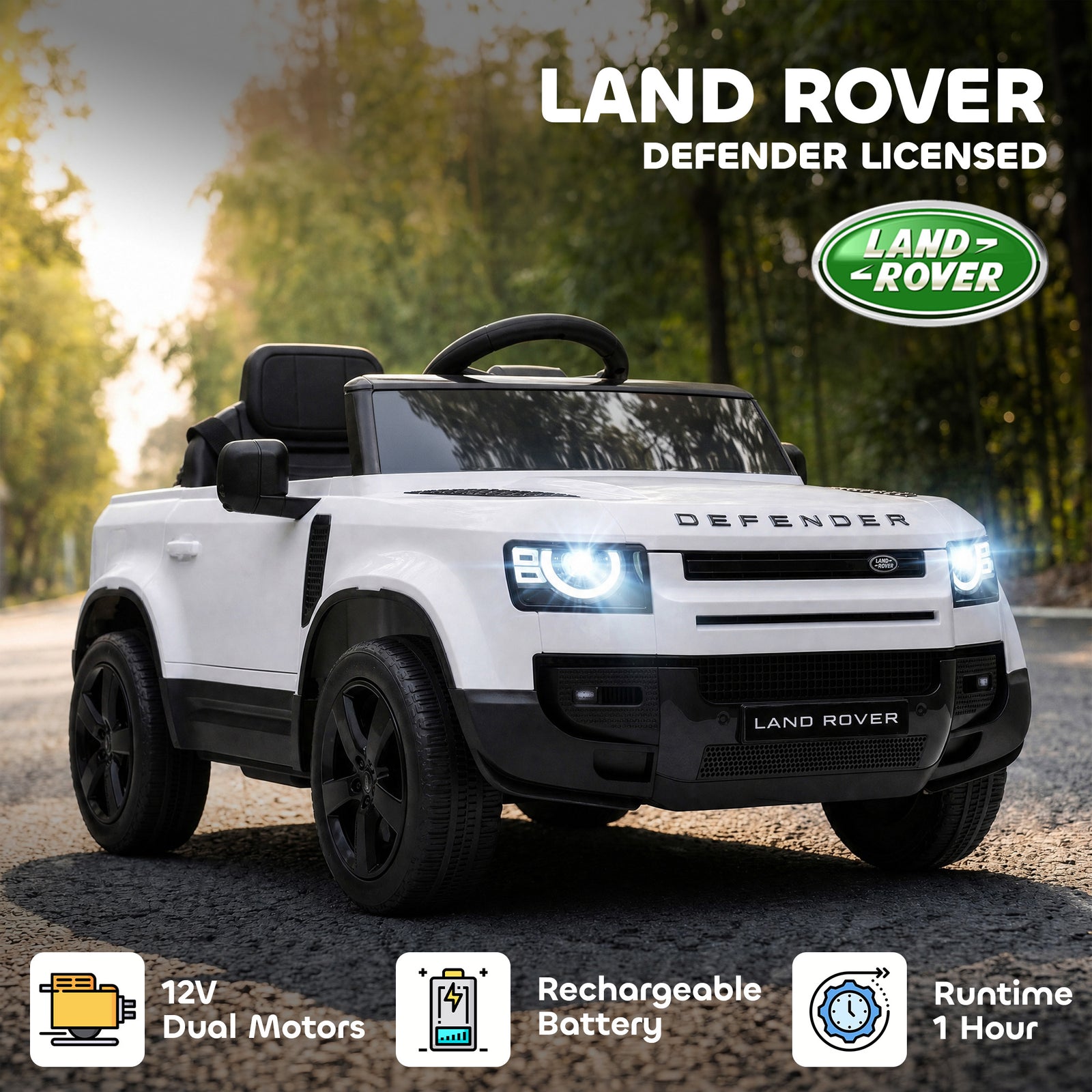 AIYAPLAY Land Rover Licensed 12V Kids Ride on Car with Remote, Suspension, Slow Start, 3 Speeds, Lights, Music, Horn, White