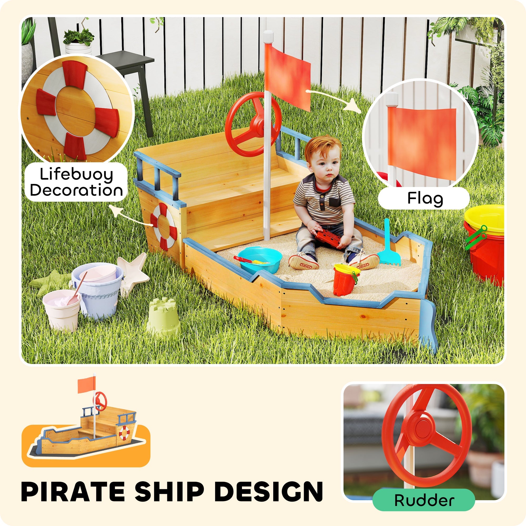 Outsunny Kids Sand Pit, Children Pirate Ship Sandbox with Bench, Bottom Liner, Seat, Natural Wood Tone