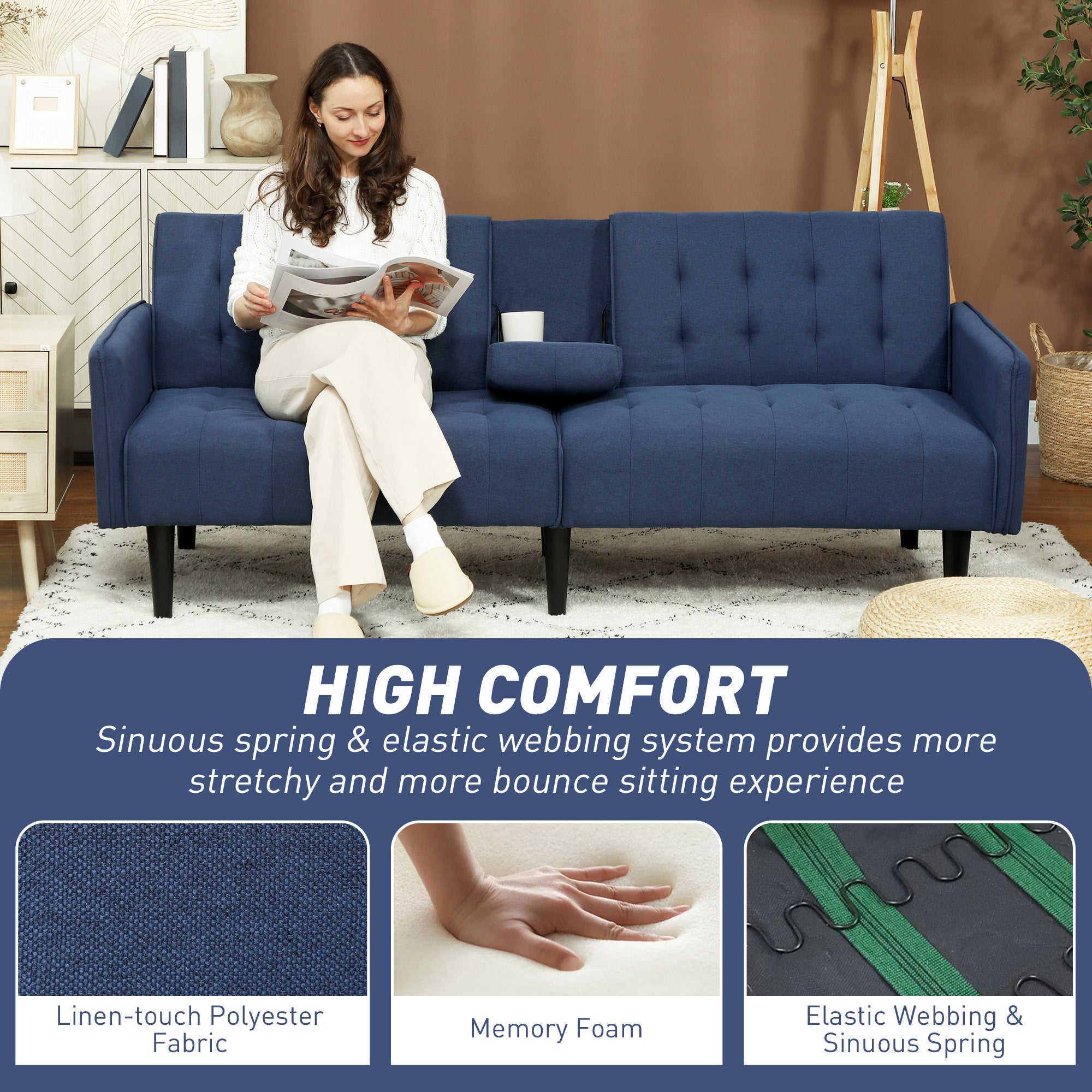 HOMCOM Three-Seater Sofa Bed, with Cupholders - Dark Blue