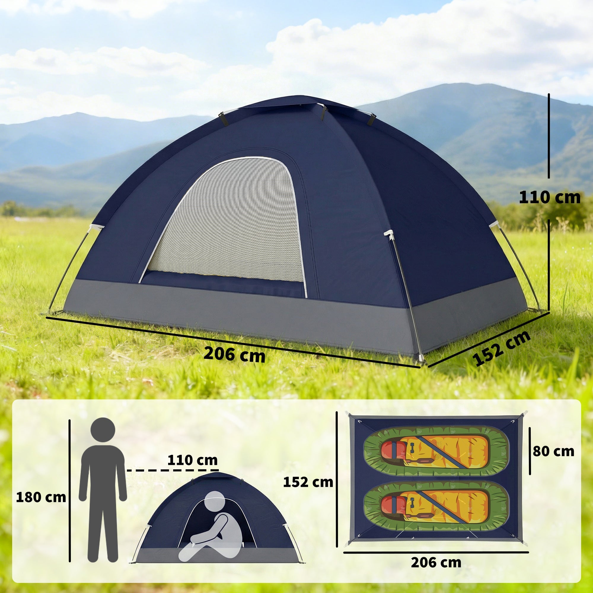 Outsunny 2 Person Camping Tent, Dome Tent with Zipped Doors, Storage Pocket, Portable Handy Bag, Navy Blue