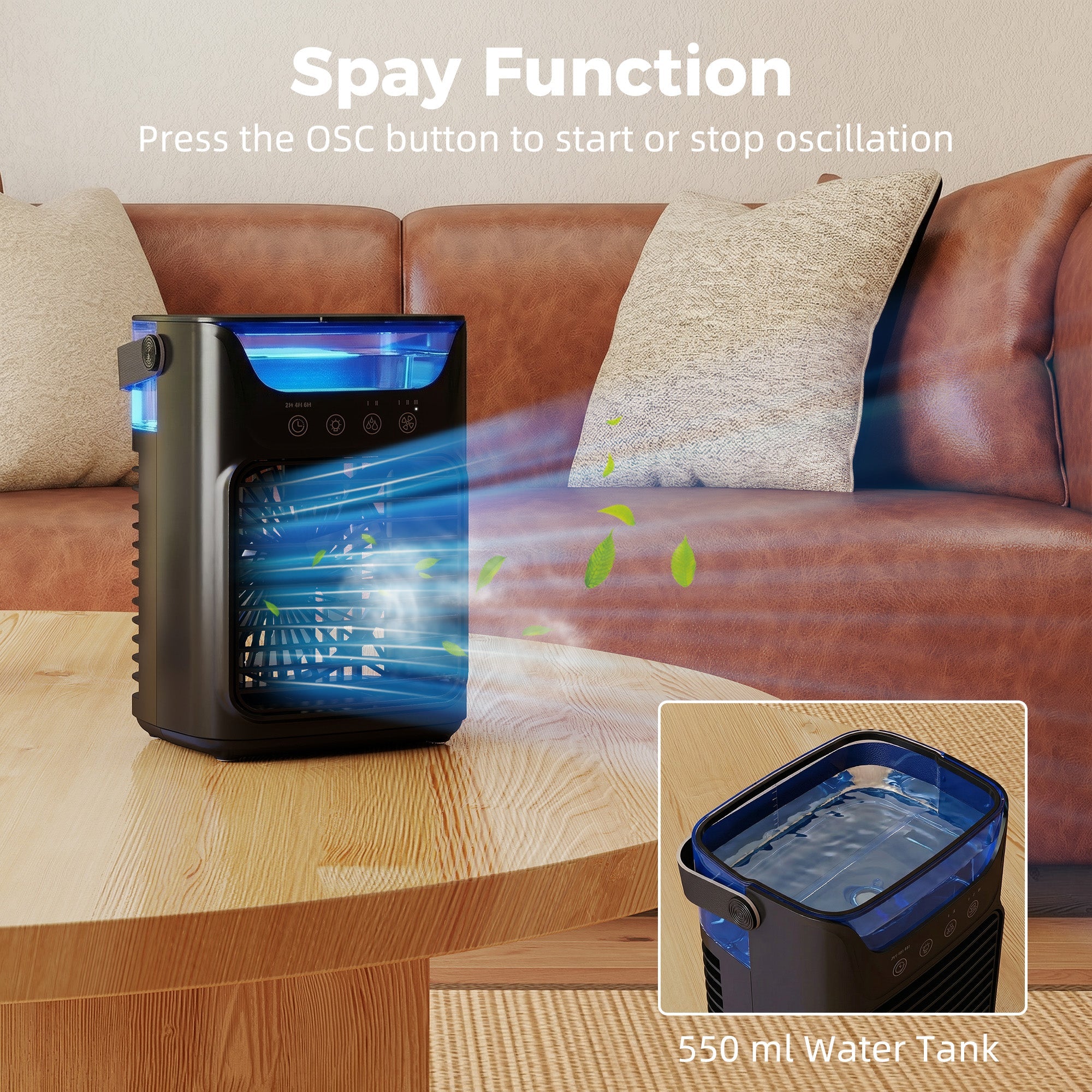 HOMCOM Air Cooler with Adjustable Head, Portable Air Conditioner with 3 Wind Speed, 2 Cool Mist, RGB Light, Black