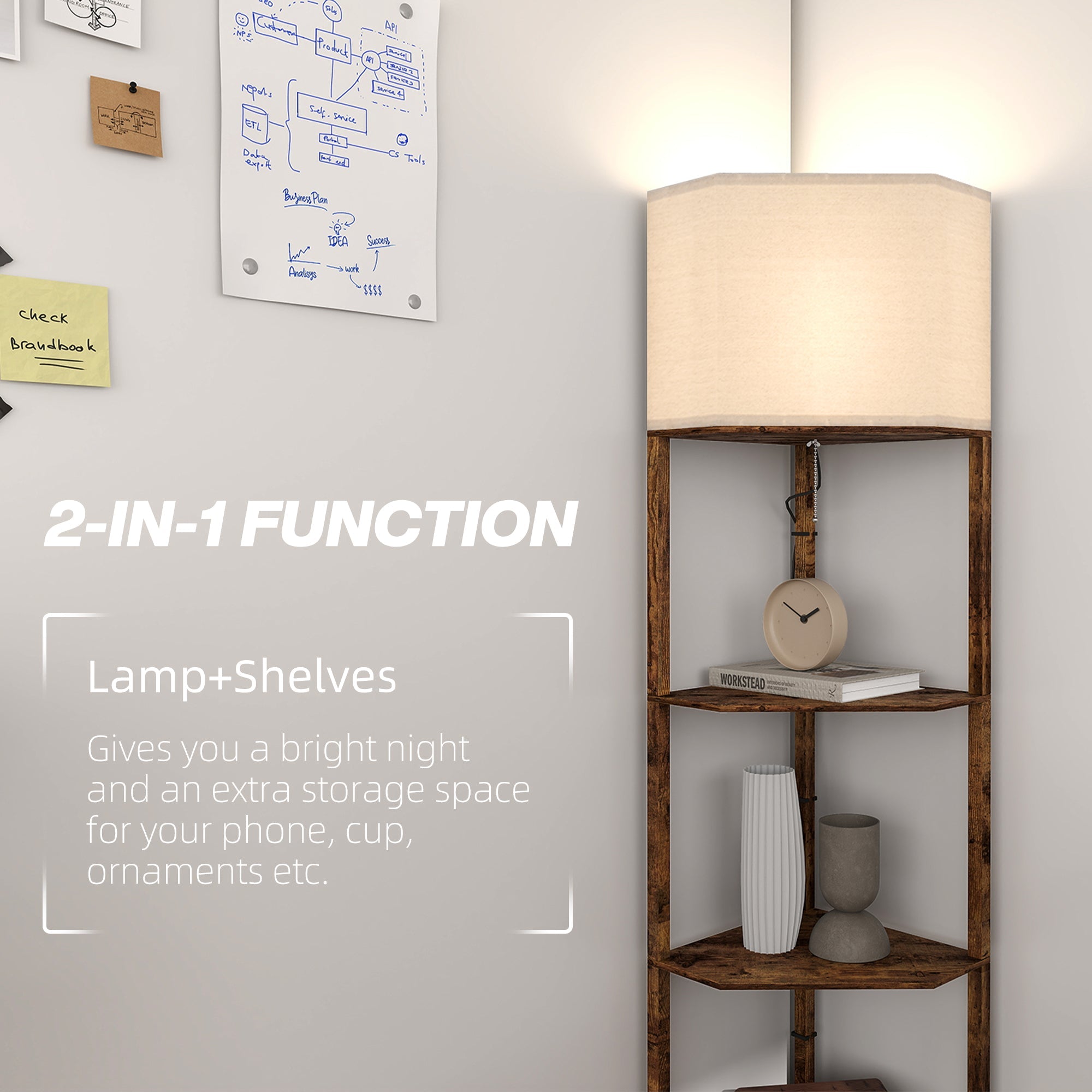 HOMCOM Corner Floor Light, with Shelves - Wood-Effect