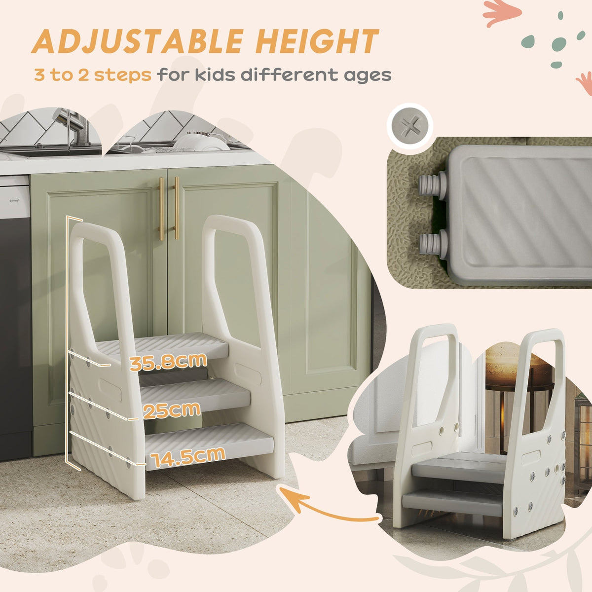 AIYAPLAY Adjustable 3 Step Toddler Tower with Handles, Non-slip Surface and Foot Pads, Grey