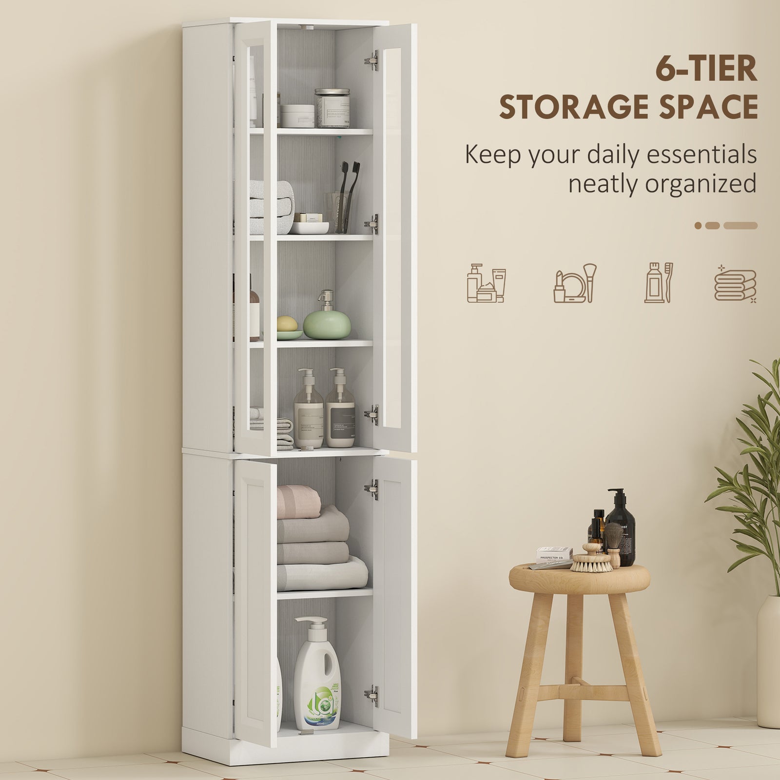 HOMCOM Tall Bathroom Storage Cabinet, 6-Tier Slim Bathroom Cabinet with Adjustable Shelf, 4 Soft-Close Doors, White