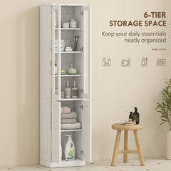 HOMCOM Tall Bathroom Storage Cabinet, 6-Tier Slim Bathroom Cabinet with Adjustable Shelf, 4 Soft-Close Doors, White