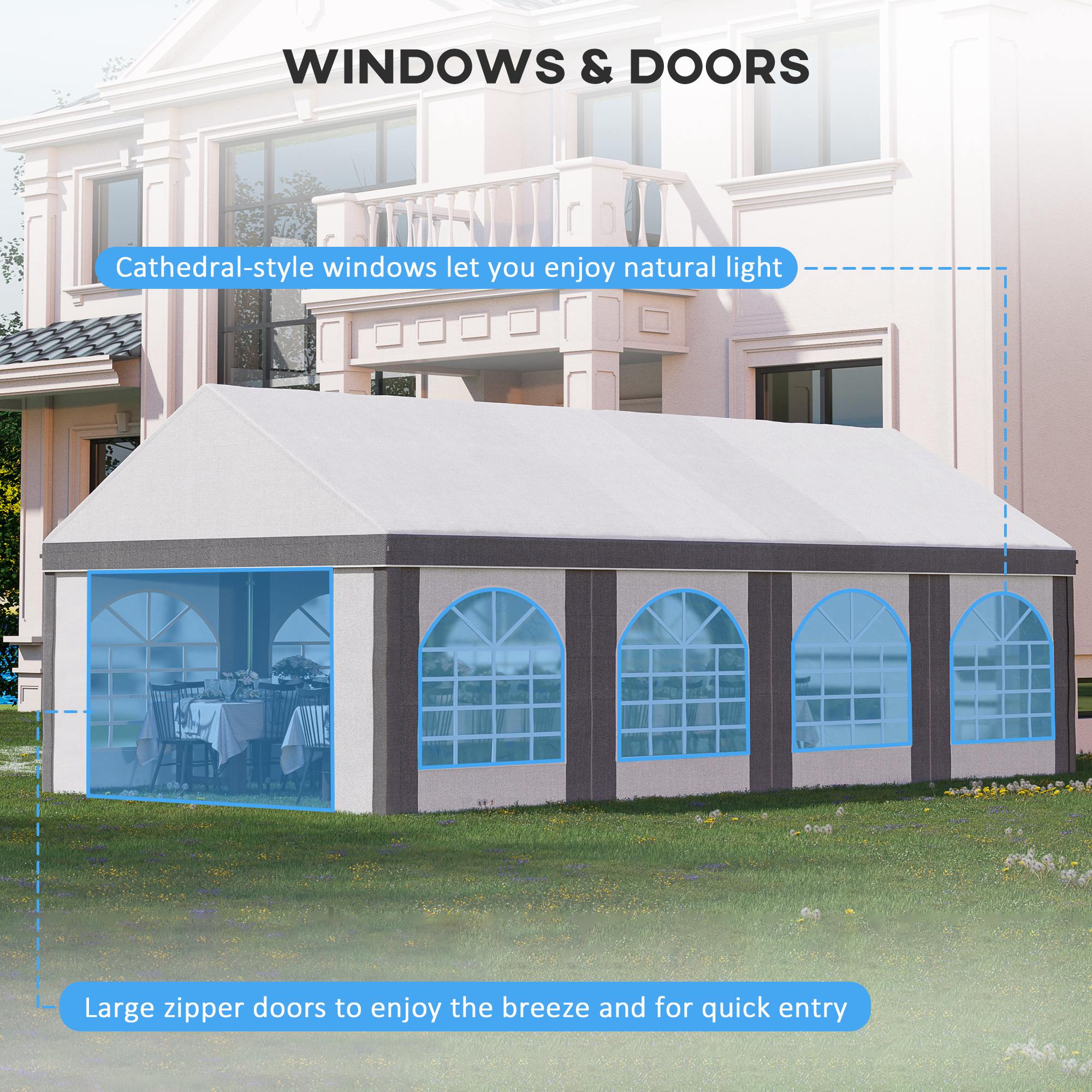Outsunny 8m x 4m Marquee Gazebo with Sides, Level 4 Wind Protection & Waterproof, Light Grey