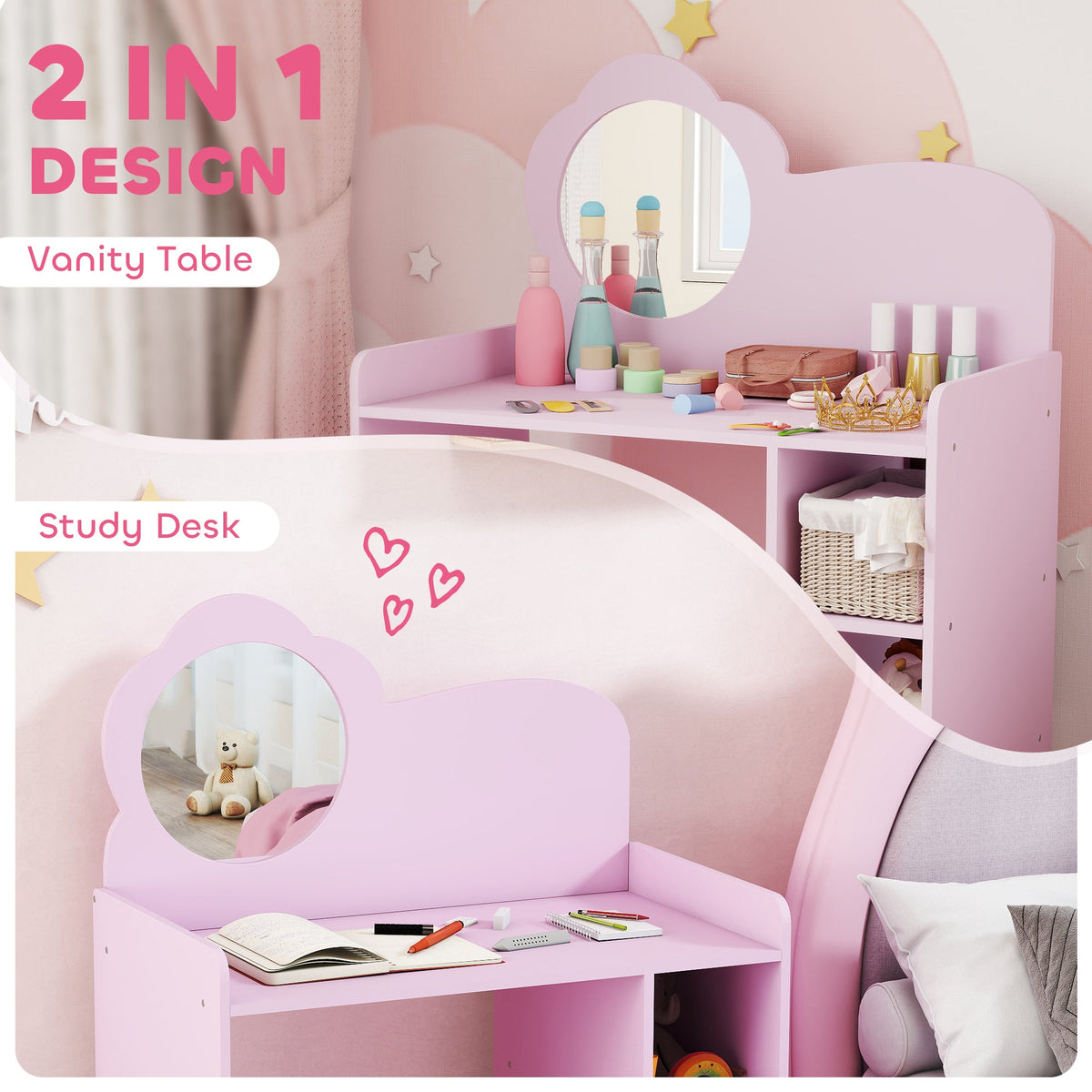 AIYAPLAY Kids Dressing Table with Mirror, Stool, Kids Vanity Table with Shelves, for Ages 3-8 Years, Purple