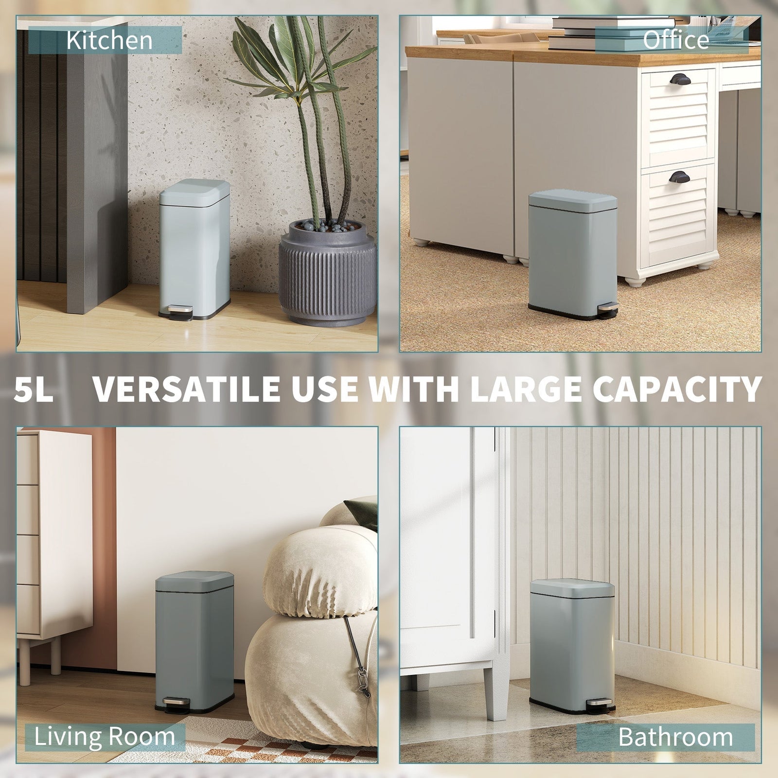 HOMCOM 5L Rectangular Compact Bin Steel Body Removable Bucket Quiet-Close Lid w/ Pedal Lid Rubbish Trash Can Home Office Bedroom Bathroom Living Room Garbage Tidy Clean Grey