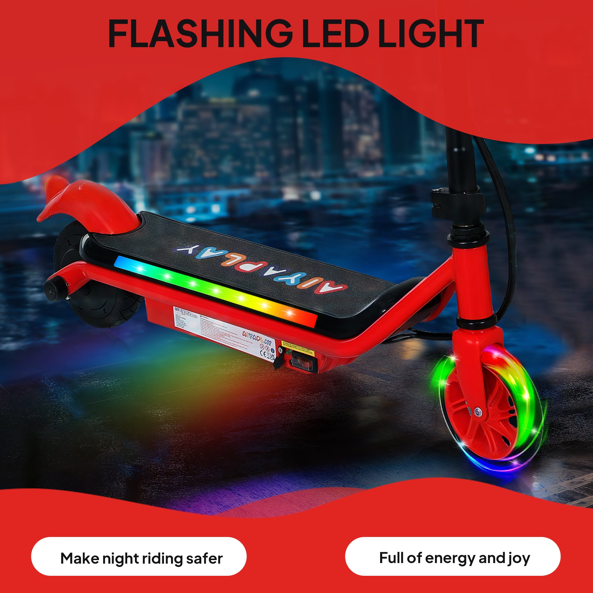 AIYAPLAY Electric Scooter for Kids Aged 6-14 Years, with Colourful Lights, Red