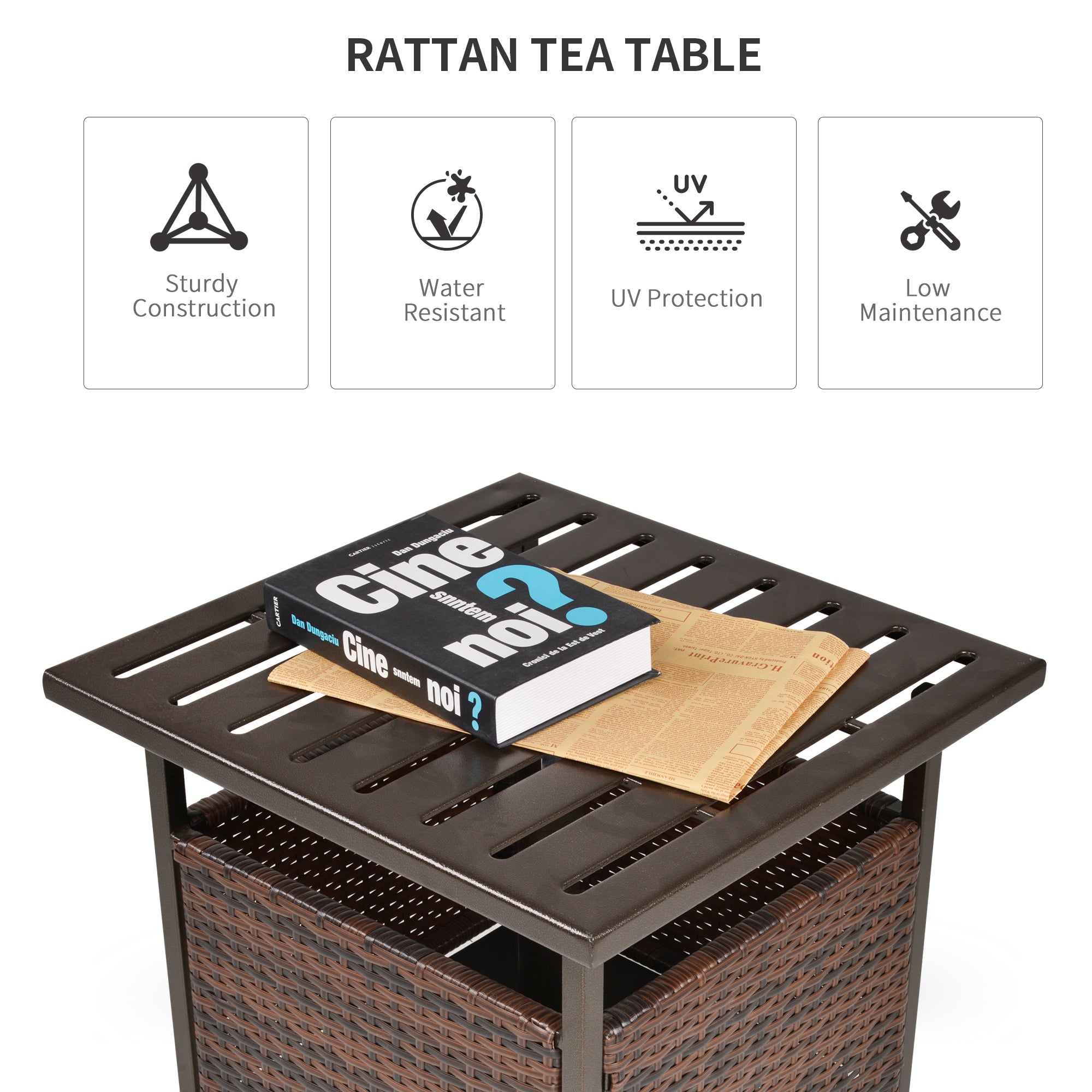 Outsunny Rattan Garden Coffee Table, 55.5 cm Square Wicker Patio Side Coffee Table with 4 cm Umbrella Hole, Metal Bottom and Slatted Top for Outdoor, Balcony, Brown