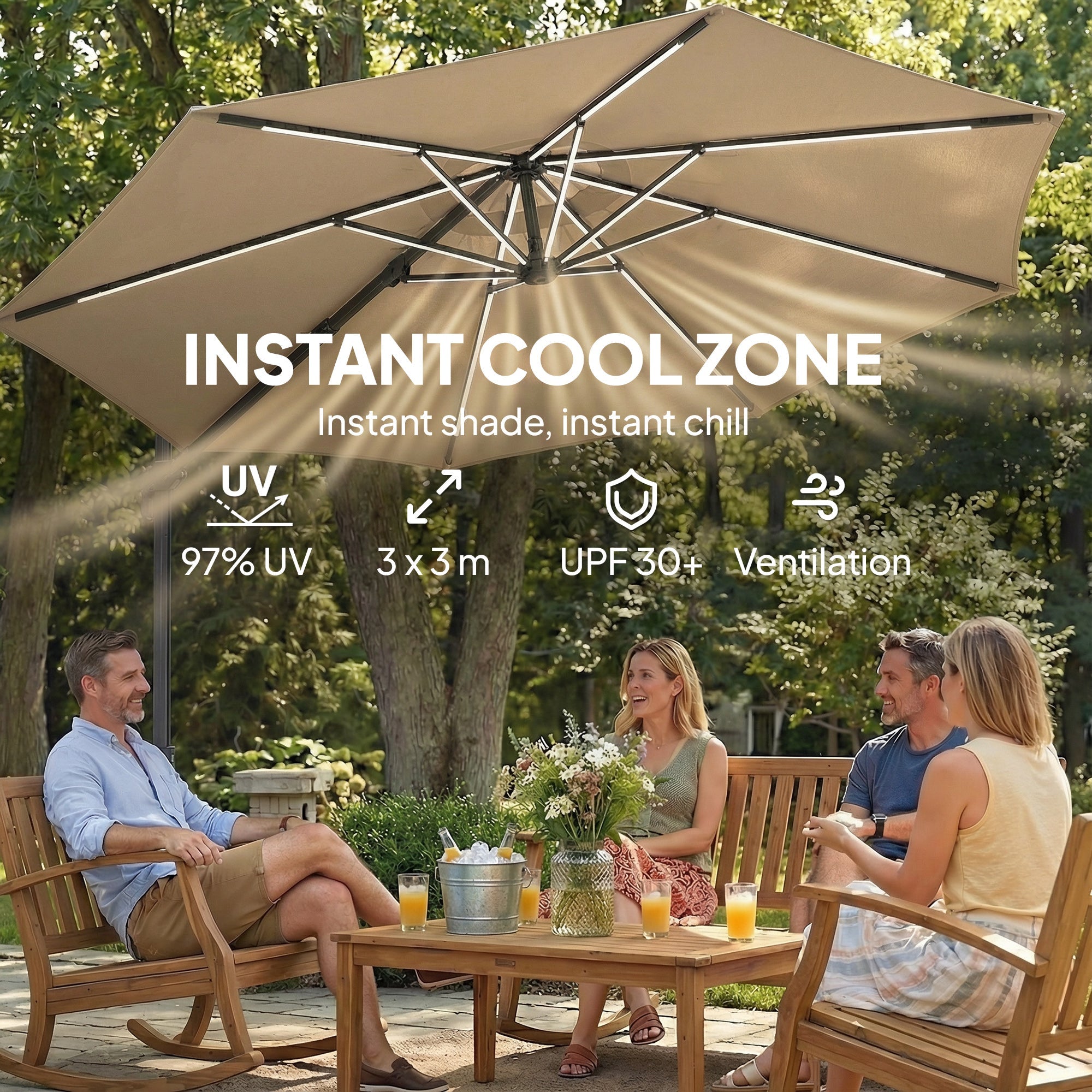 Outsunny 3 m Garden Cantilever Parasol with LED Solar Light, Round Overhanging Umbrella with 360Â° Rotation, Cover, Khaki