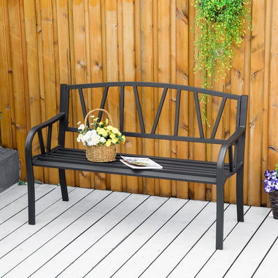 Outsunny 2-Seater Garden Bench Metal Loveseat w/ Decorative Backrest Ergonomic Armrest