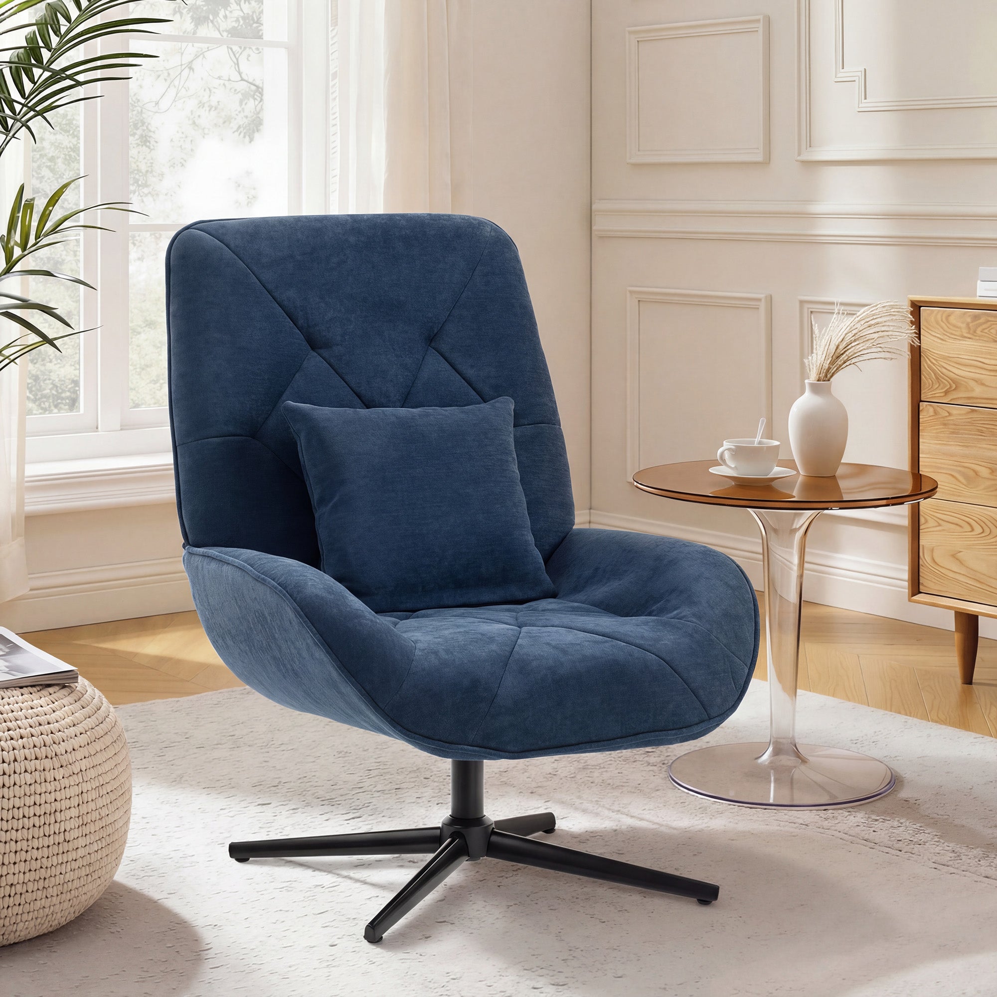 HOMCOM Accent Chair, Chenille Upholstered Swivel Armchair with Lumbar Pillow, High Back, Deep Seat and Metal Legs, Dark Blue