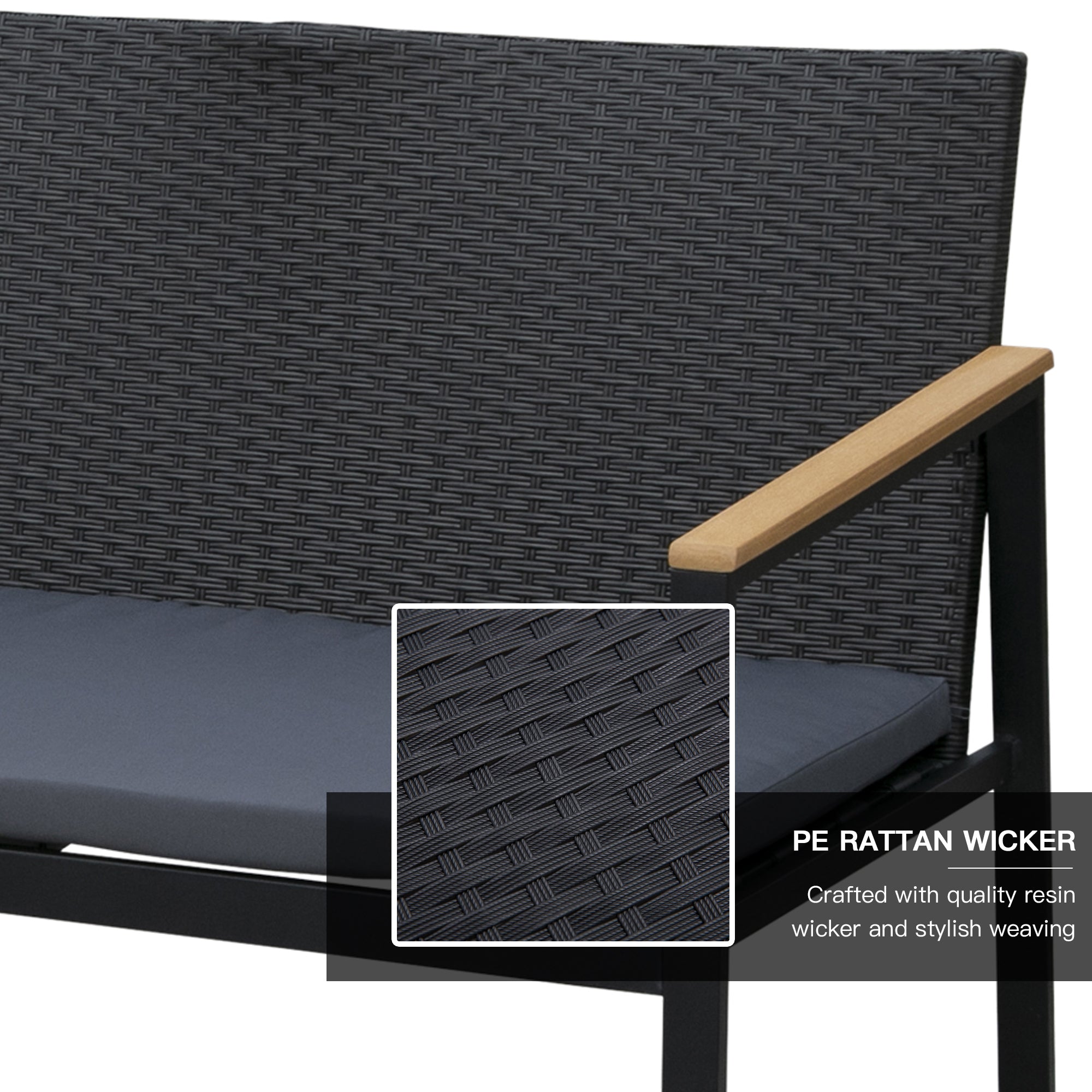 Outsunny 4 Pieces Rattan Garden Furniture Set, 4 Seater Garden Sofa Set with Loveseat, 2 Armchairs and Glass Top Coffee Table, Wicker Outdoor Conservatory Furniture with Cushions for Patio, Black