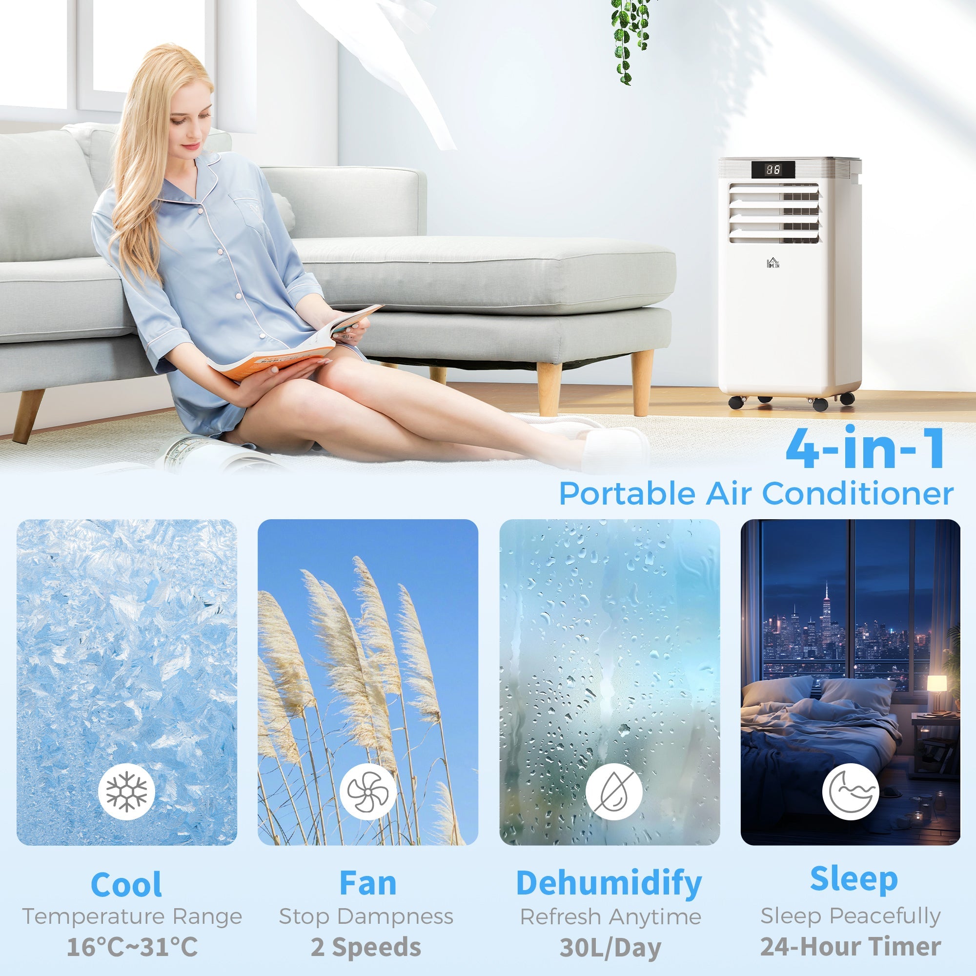 HOMCOM 7000 BTU Air Conditioning Unit, 3-in-1 Portable Air Conditioner, Dehumidifier, Cooling Fan with Remote Control, LED Display, 2 Speeds, 24H Timer, Window Venting Kit, 15mÂ²