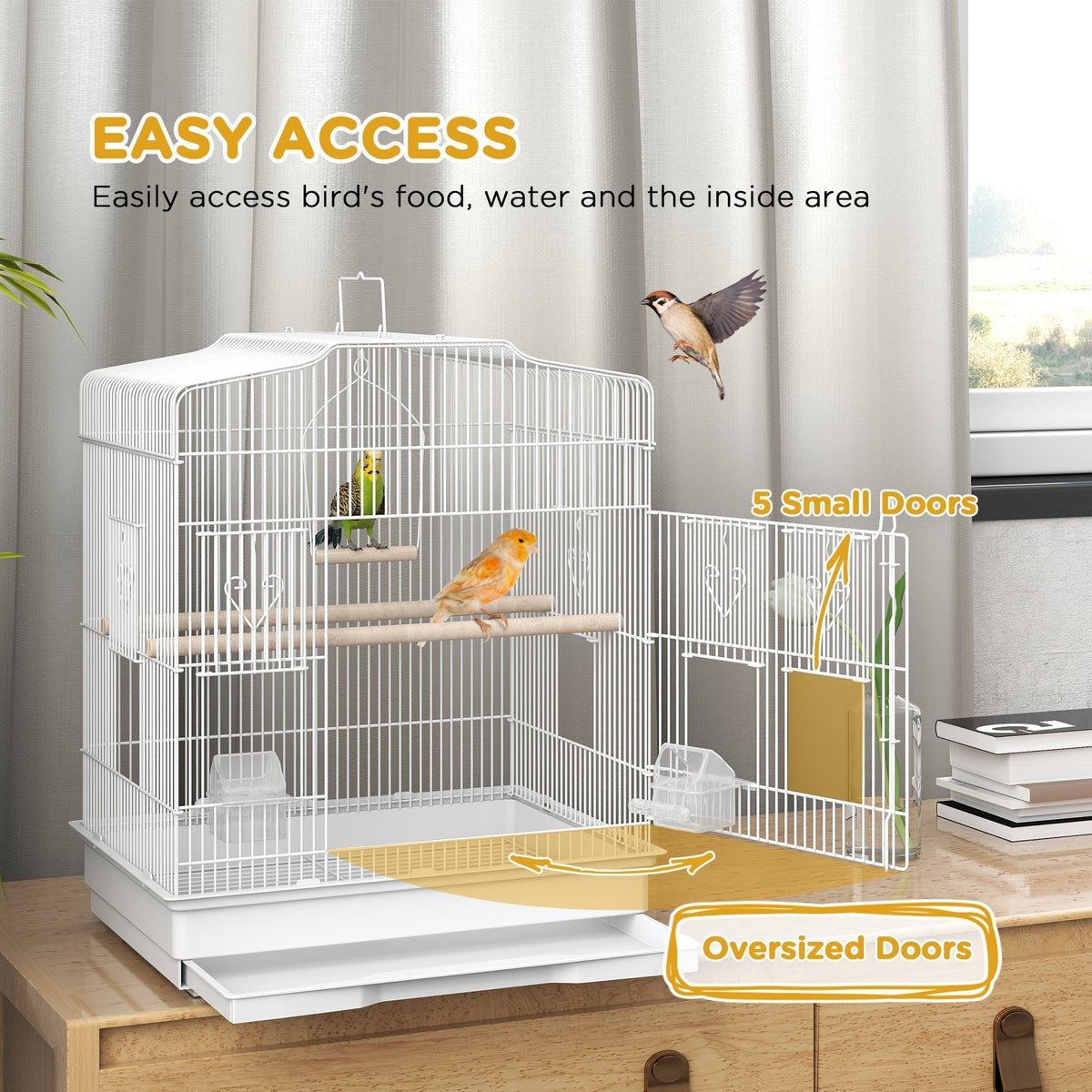 PawHut Large Metal Bird Cage with Perches, Food Bowls, Swing, for Budgies, Parakeets, White