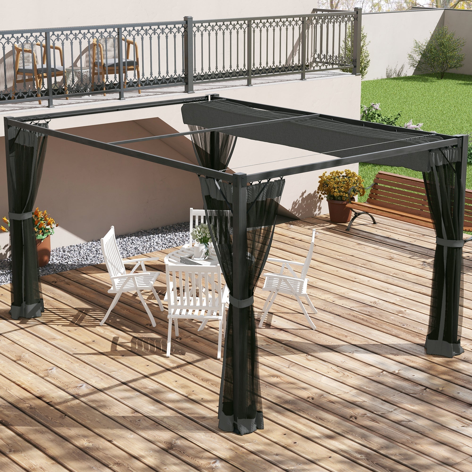 Outsunny 3 x 4m Aluminium Frame Pergola, with Retractable Roof - Dark Grey