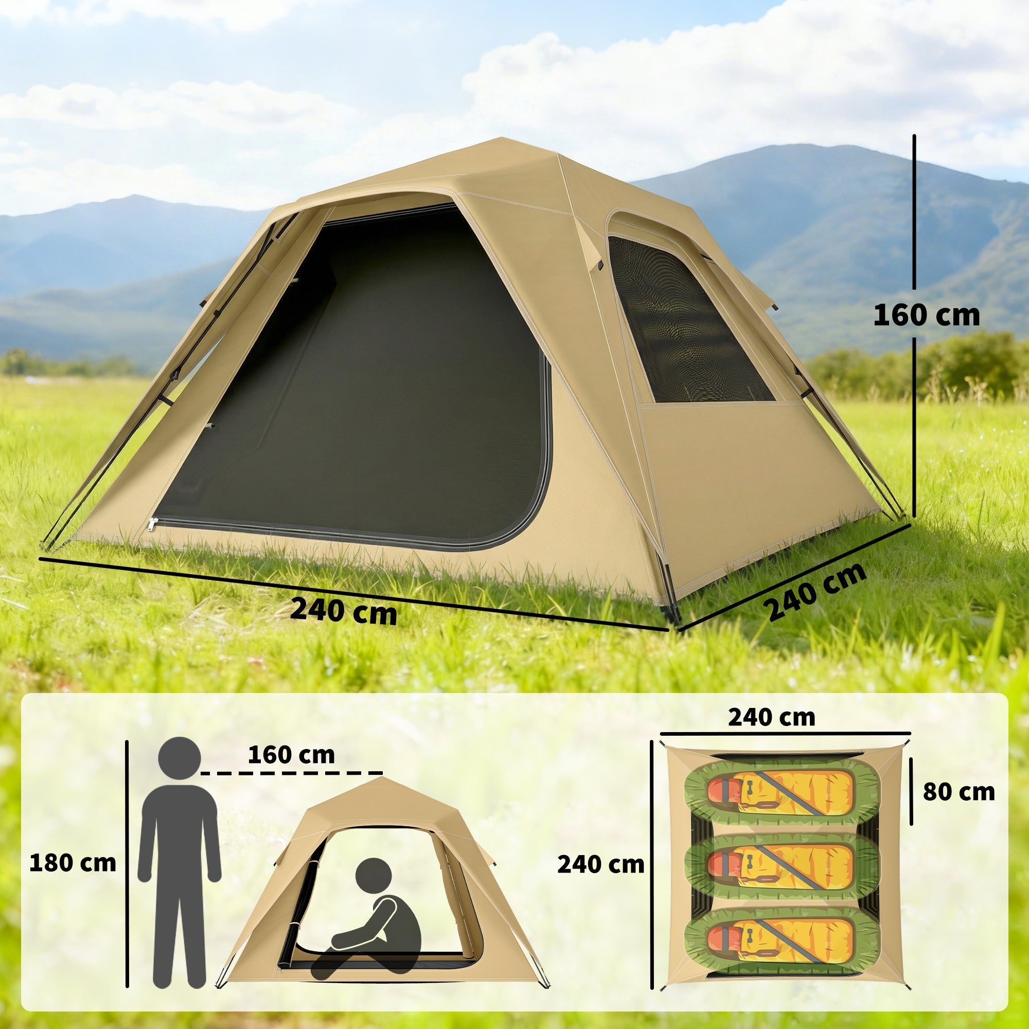 Outsunny Pop Up Tent 3000mm Waterproof Camping Tents with Mesh Windows 3-4 People Khaki