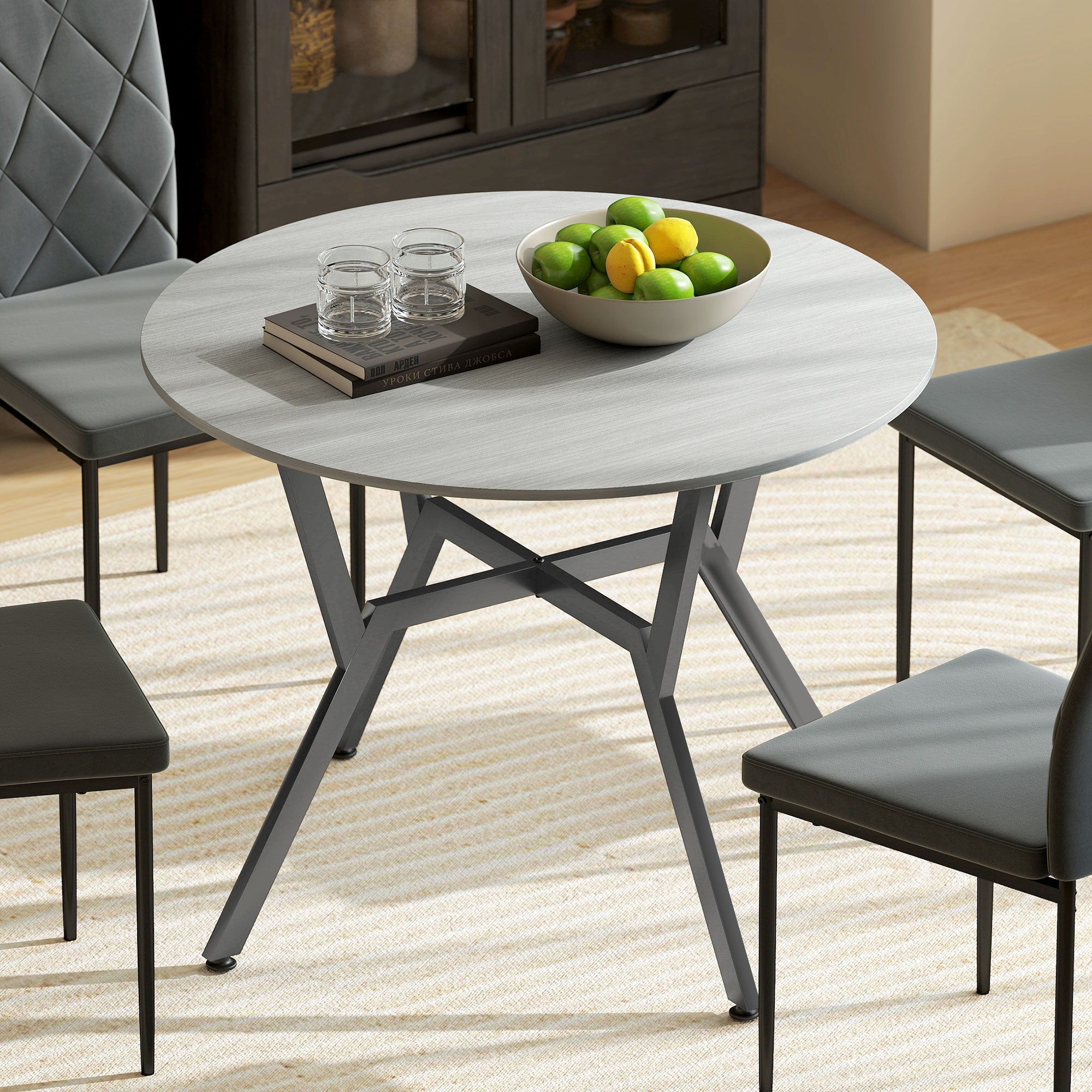HOMCOM Dining Table, Round Kitchen Table with Black Legs, Anti-slip Foot Pads for Living Room, Dining Room 90 x 76 cm, Grey