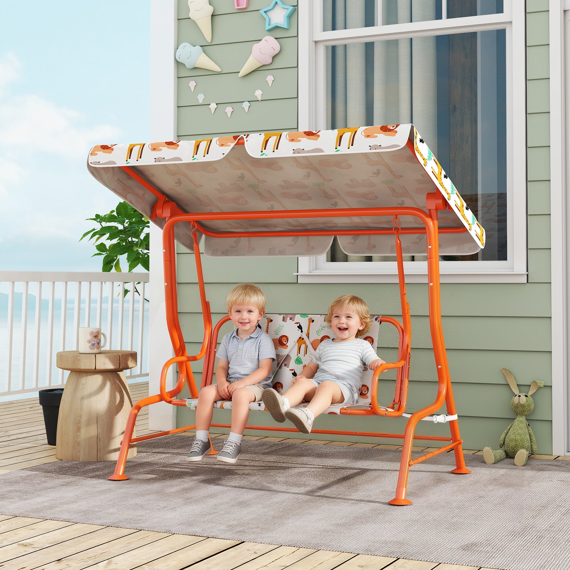 AIYAPLAY Kids Porch Swing, 2-Seater Patio Swing Bench Hammock with Seat Belts, Adjustable Canopy for Garden, Orange