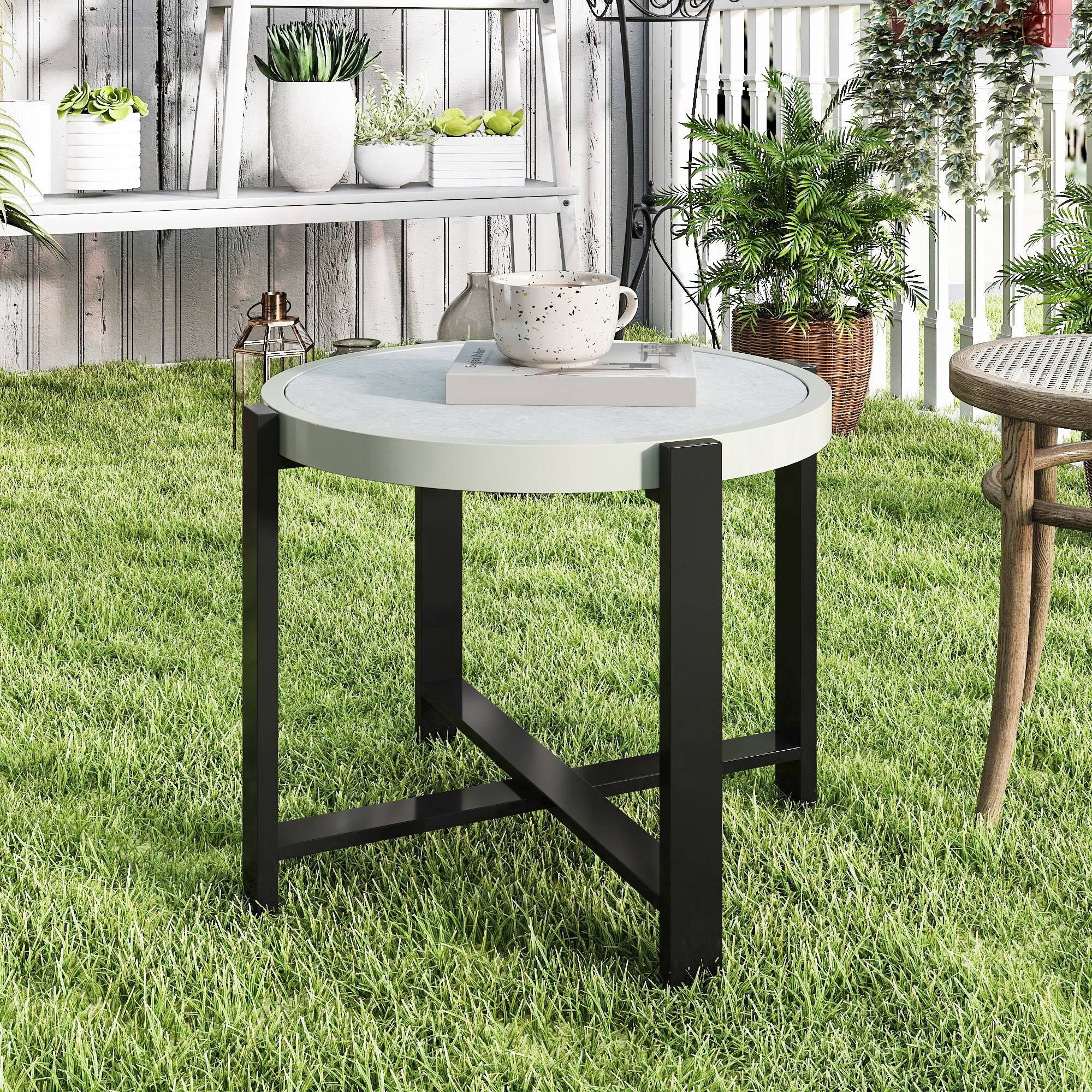 Outsunny Round Small Garden Table, 60cm Outdoor Side Table with Faux Marble Tempered Glass Top, Aluminium Frame for Garden, Patio, Balcony, Light Grey