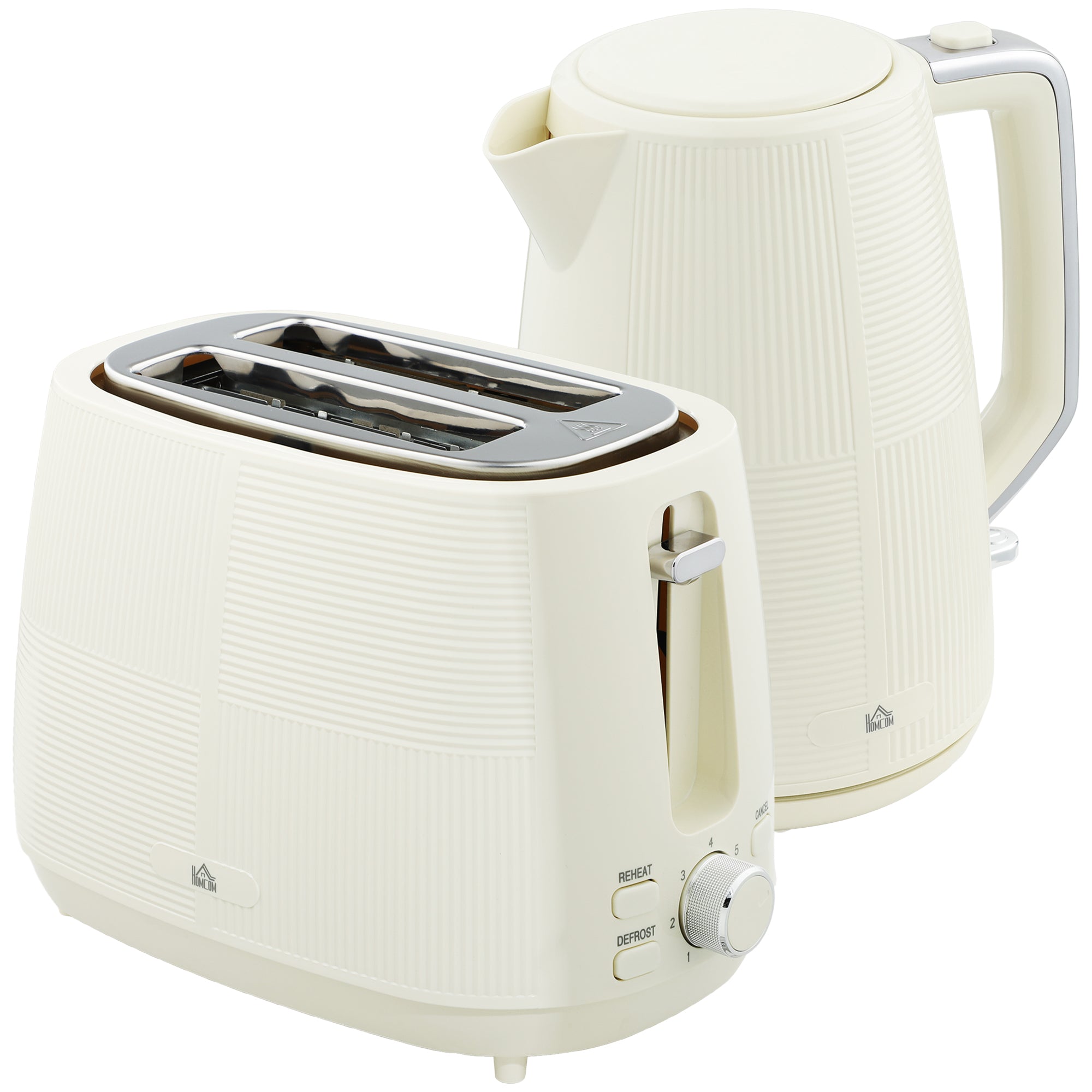 HOMCOM Kettle and Toaster Set, 1.7L 3000W Fast Boil Kettle & 2 Slice Toaster Kitchen Set with 7 Level Browning Controls, Defrost, Reheat, Boil-dry Protection, Cream White