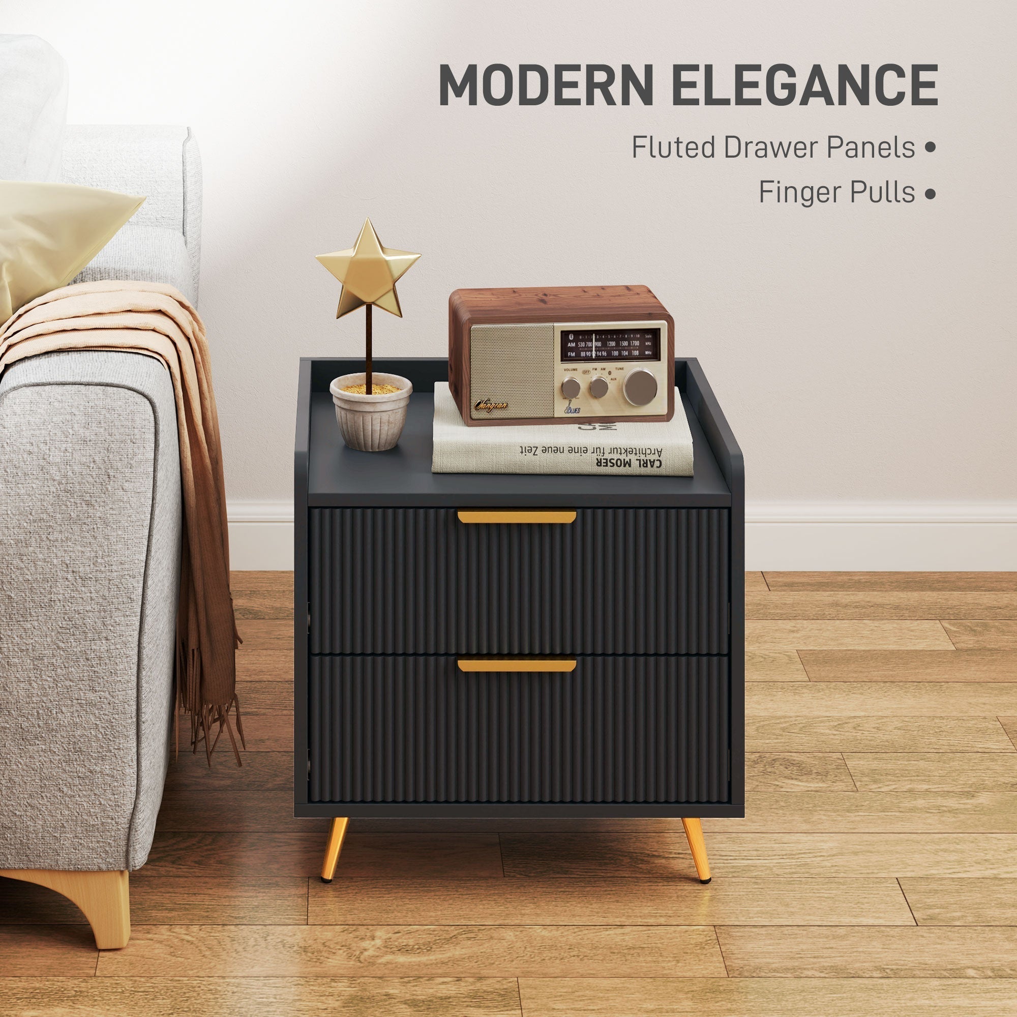 HOMCOM Elegant Two-Drawer Bedside Table Set of 2 - Black