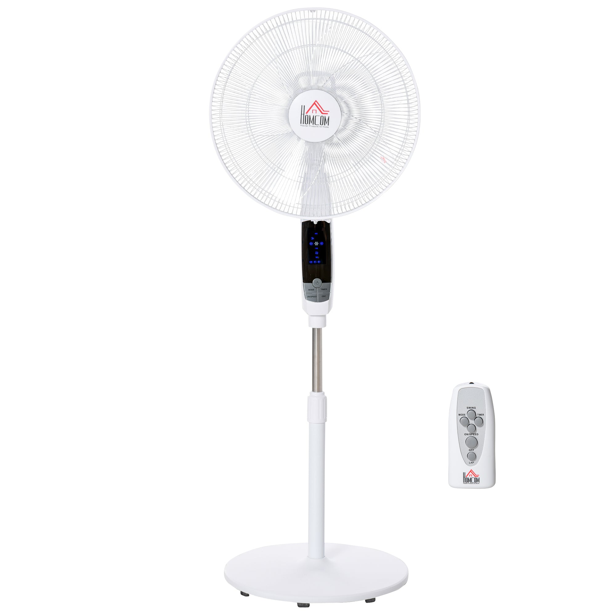 HOMCOM 16'' Pedestal Stand Fan, 3 Speed 3 Mode, 85 degrees Oscillation, LED Panel, 3M Remote Controller, Height Adjustable for Living Room, Bedroom, Garage, Office, Black and White