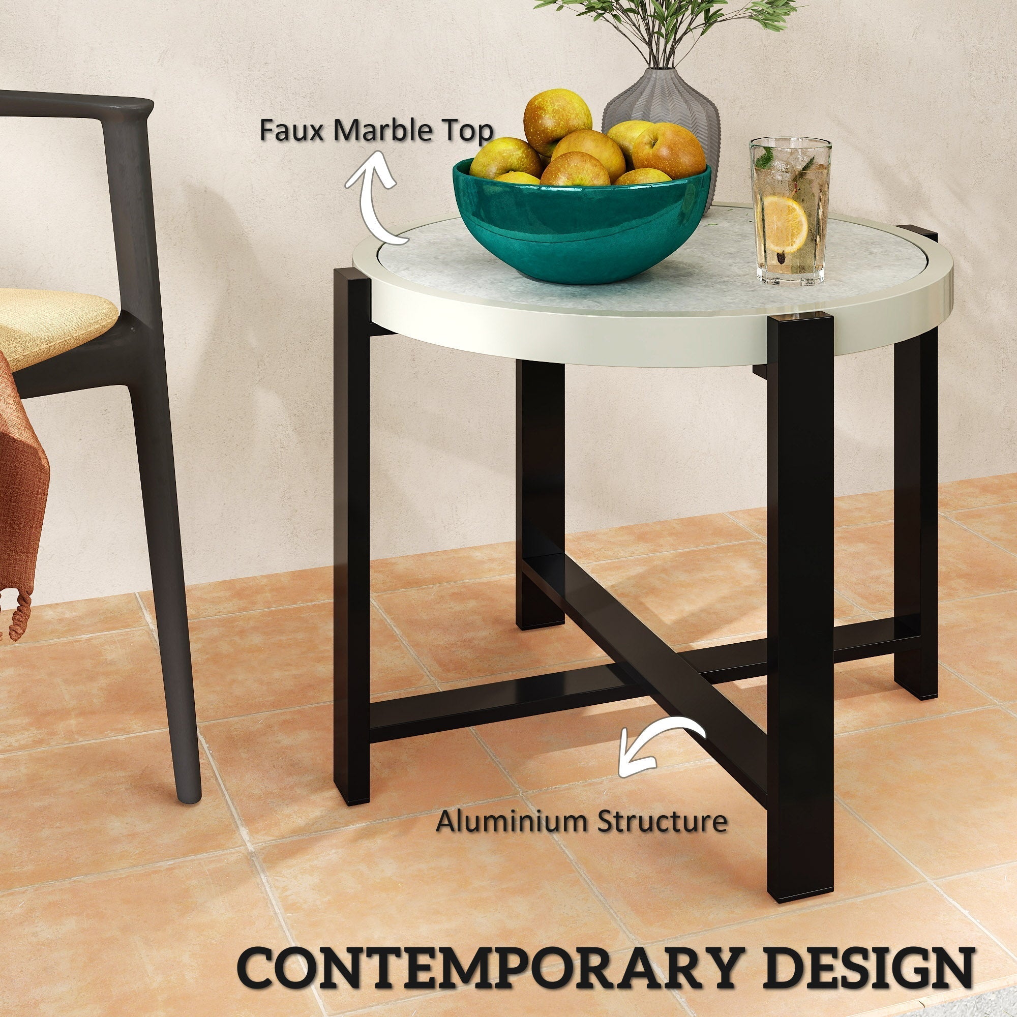 Outsunny Round Small Garden Table, 60cm Outdoor Side Table with Faux Marble Tempered Glass Top, Aluminium Frame for Garden, Patio, Balcony, Light Grey