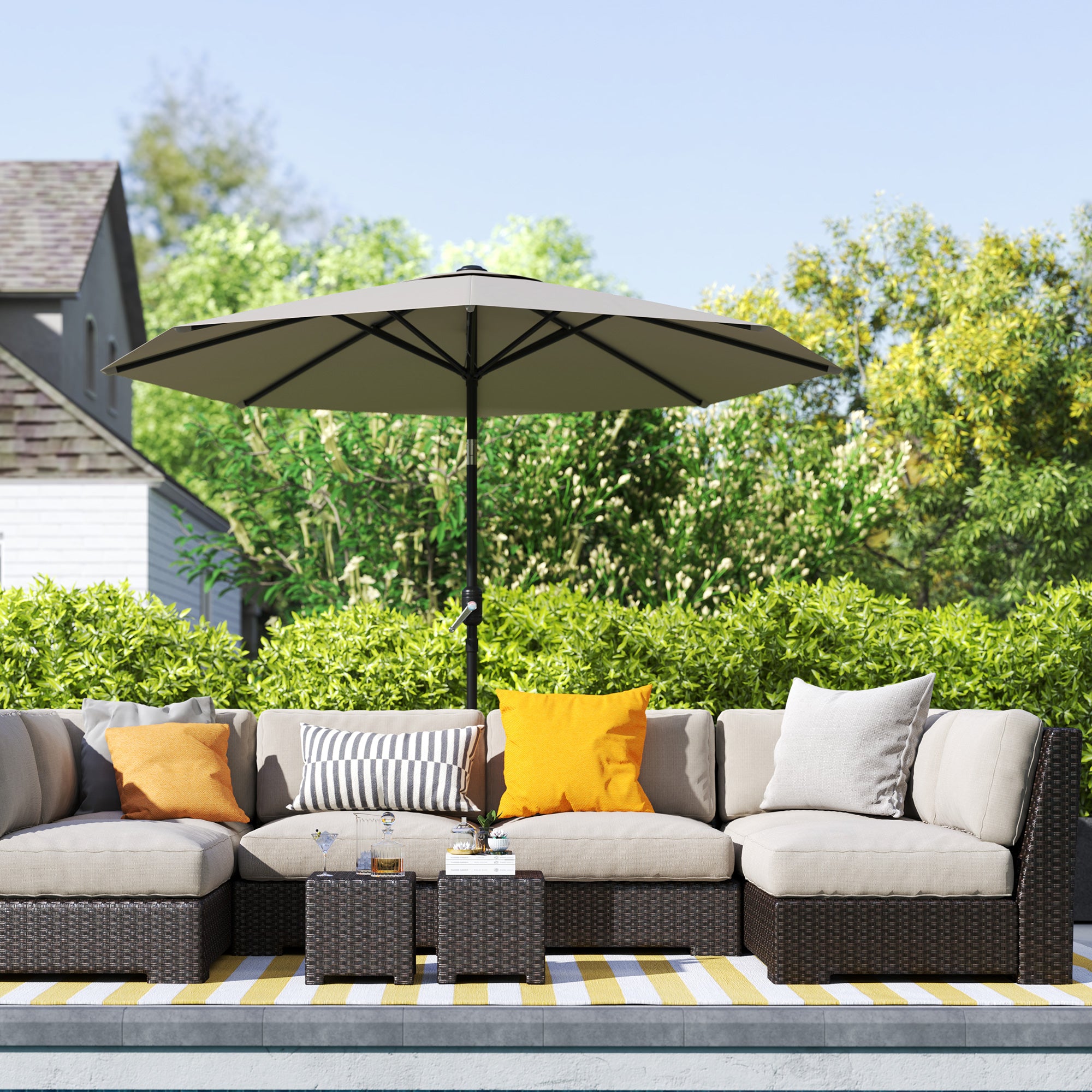 Outsunny 2.6M Garden Parasol Umbrella with Tilt and Crank, Outdoor Sun Parasol Sunshade Shelter with Aluminium Frame, Light Grey